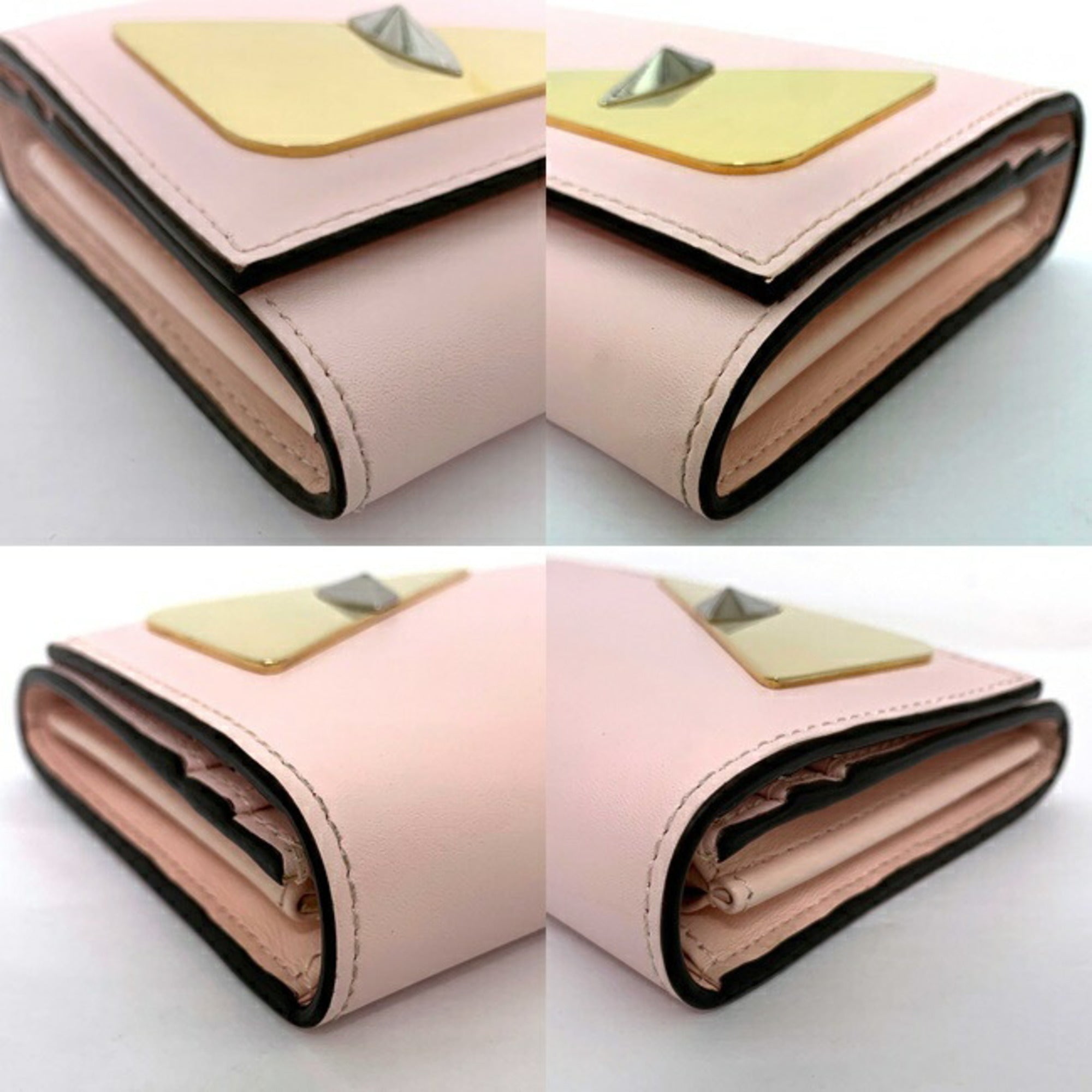 Fendi Long Bi-Fold Wallet Pink Gold Mon 8M0251 Leather GP FENDI Ladies Bugs Eye Motif Flap