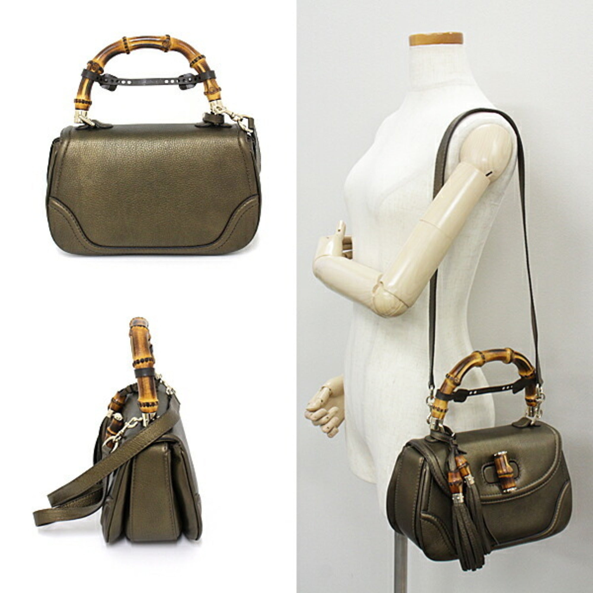 Gucci New Bamboo Handbag 254884 2WAY Shoulder Bag Tassel Leather Gold Metallic