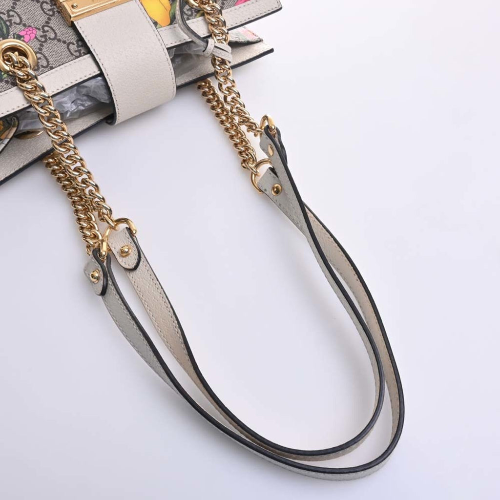 GUCCI GG Supreme Flora Padlock Small Chain Shoulder Bag 498156 Beige/White Women's