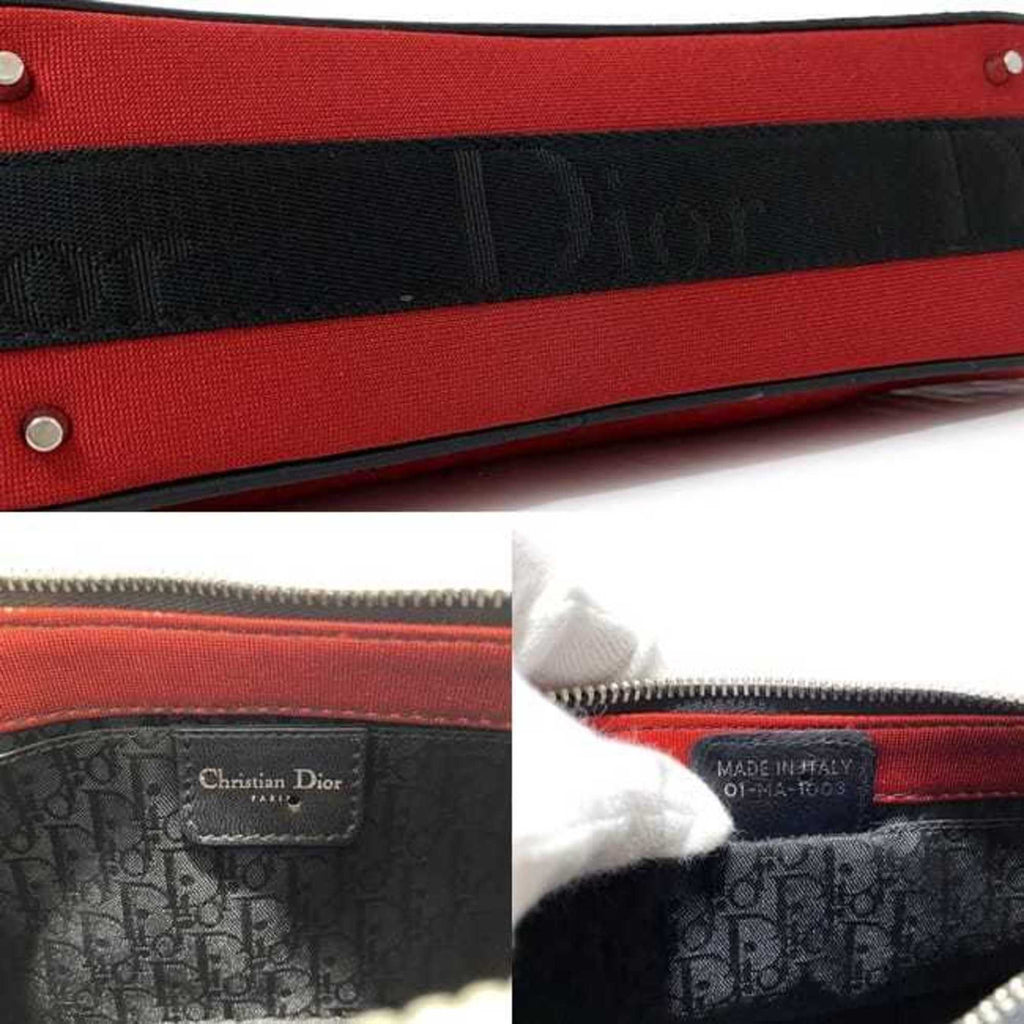 CHRISTIAN DIOR Red Black Silver 01-MA-1003 Rhinestone Satin Canvas Leather Chain