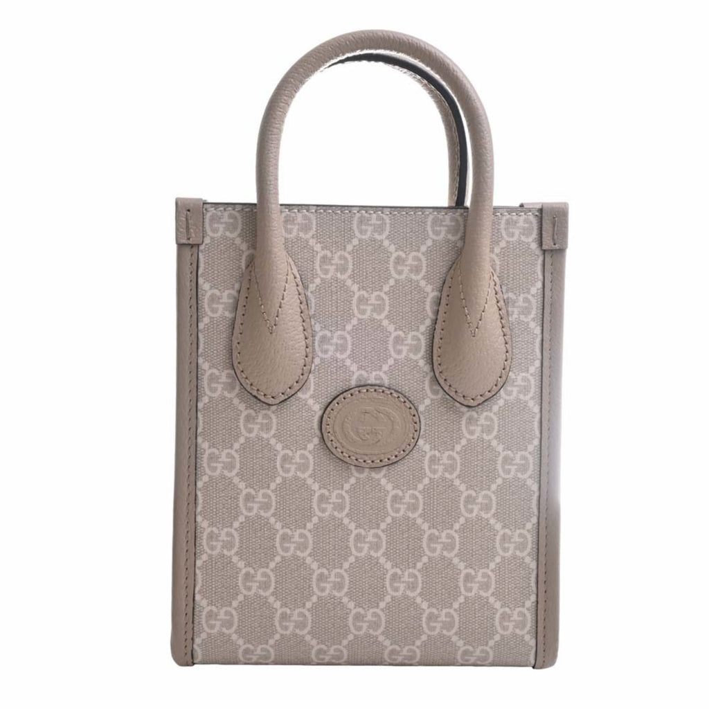 GUCCI Interlocking G GG Supreme Leather Tote Bag Shoulder 671623 Beige/White Women's