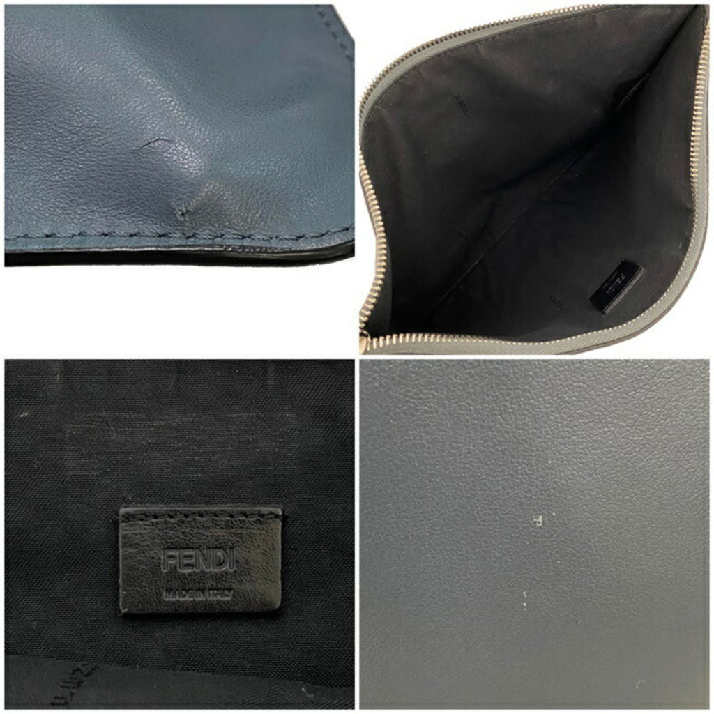 Fendi Clutch Bag Gray Silver Mon 7N0078 Plate Pouch Second Leather FENDI Women's Men's Dual