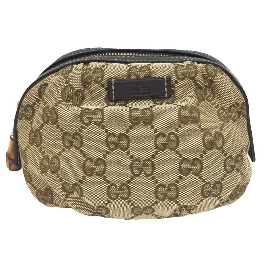 Gucci GG Canvas Bamboo Pouch WG Beige x Brown Leather Women's Unisex Bag