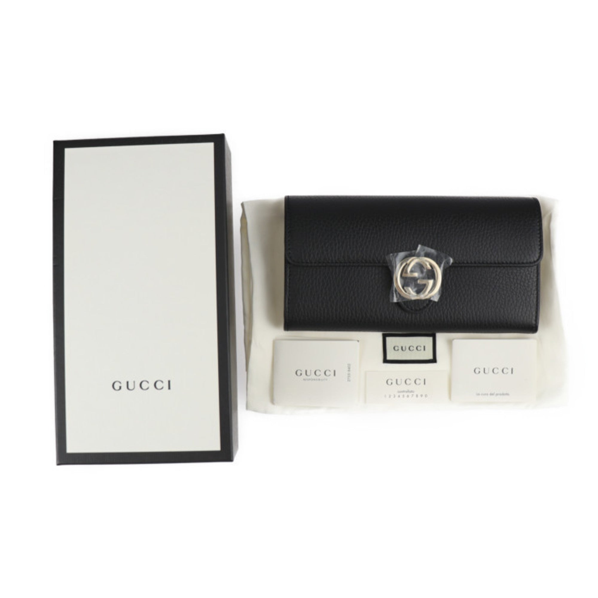 GUCCI Interlocking G Bifold Wallet 615524 Leather Black Gold Hardware Long