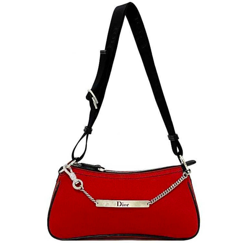 CHRISTIAN DIOR Red Black Silver 01-MA-1003 Rhinestone Satin Canvas Leather Chain