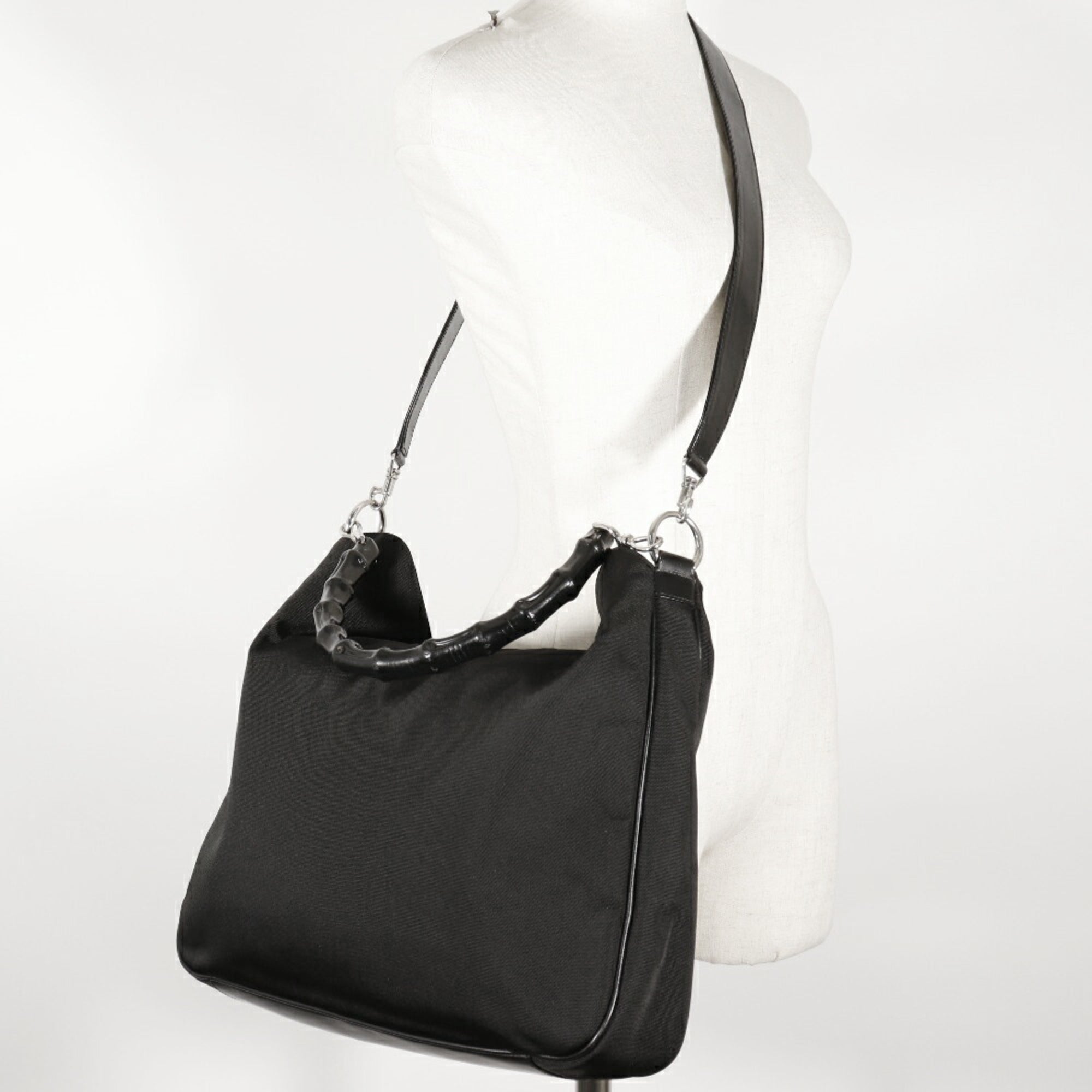 GUCCI Bamboo Handbag 001-0577 Nylon Canvas Made in Italy Black Shoulder 2way A4 Magnetic Type Ladies