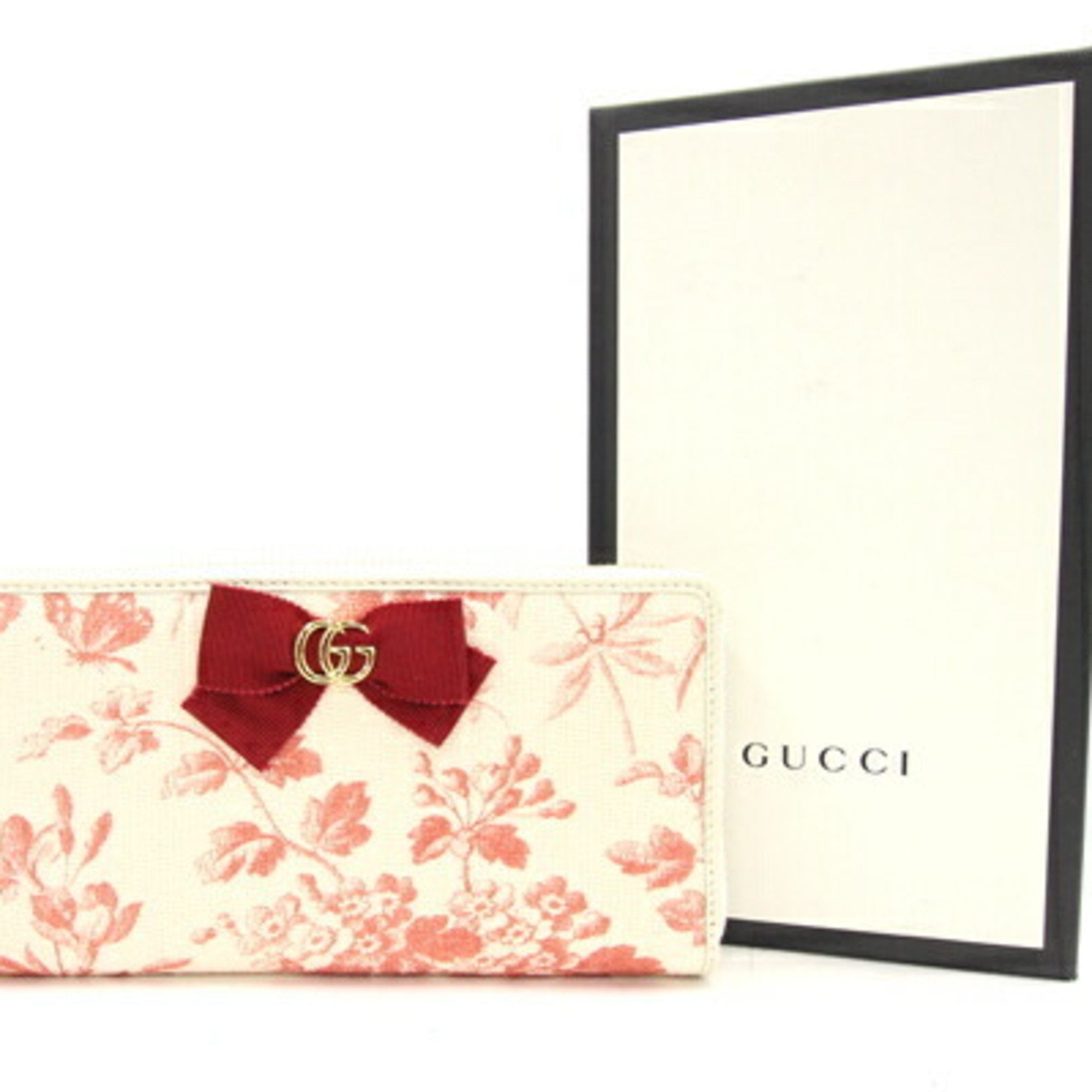 GUCCI Round Long Wallet GG Marmont Herbarium Zip Around 435819 White Red Canvas Leather Ribbon Women's