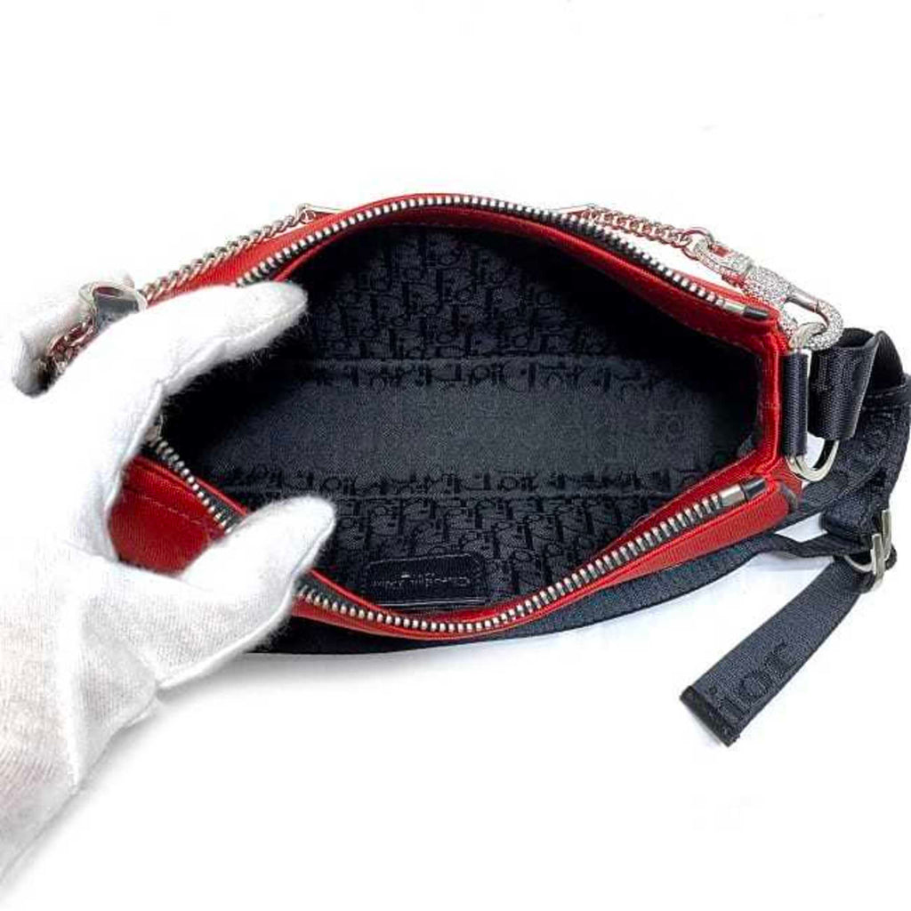 CHRISTIAN DIOR Red Black Silver 01-MA-1003 Rhinestone Satin Canvas Leather Chain