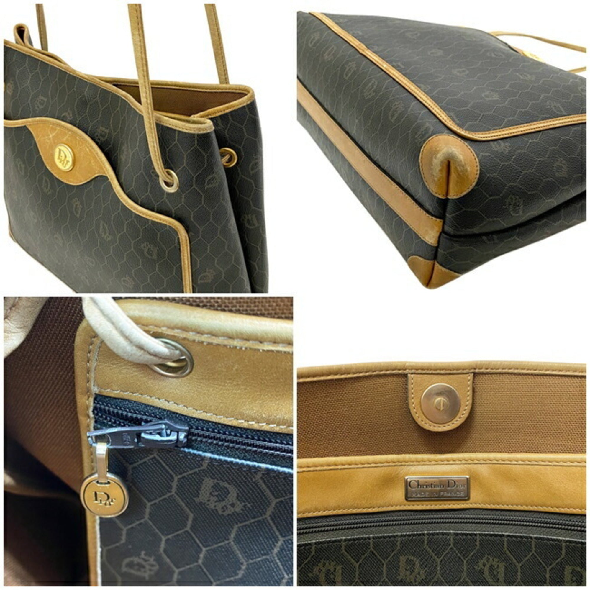 Christian Dior Tote Bag Black Brown Honeycomb Shoulder PVC Leather Ladies