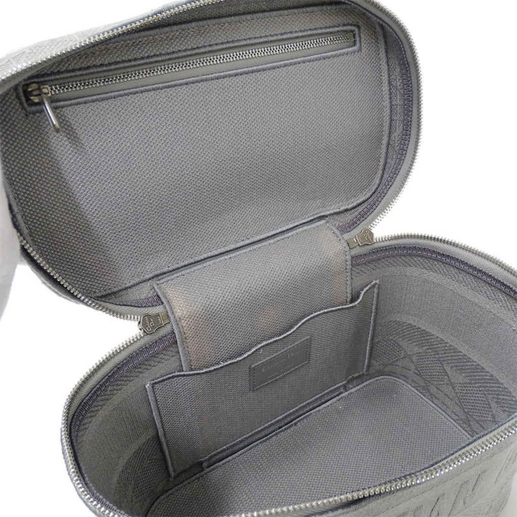 CHRISTIAN DIOR Bag Women's Canvas Vanity Handbag Gray Canage Embroidered Makeup Storage