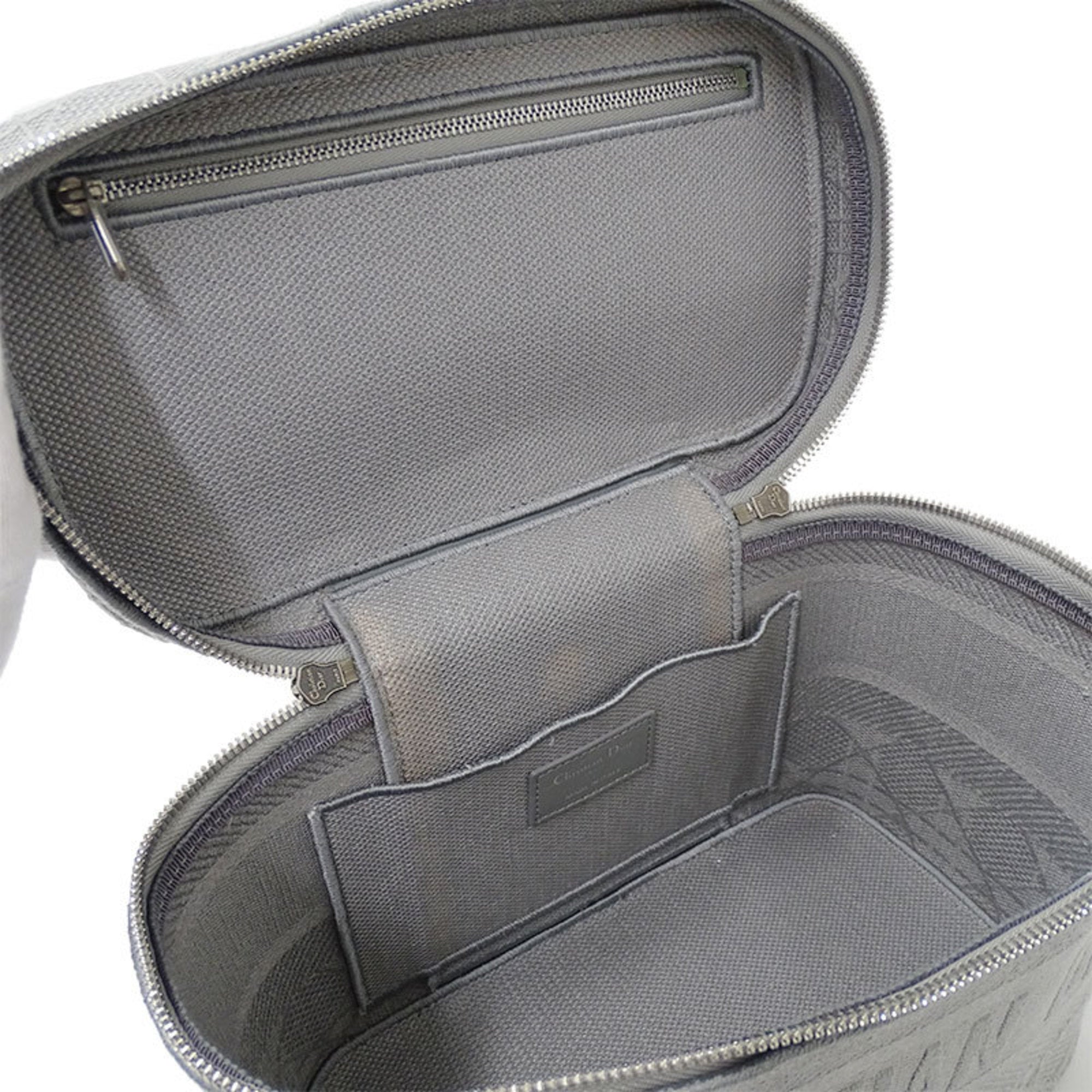 CHRISTIAN DIOR Bag Women's Canvas Vanity Handbag Gray Canage Embroidered Makeup Storage