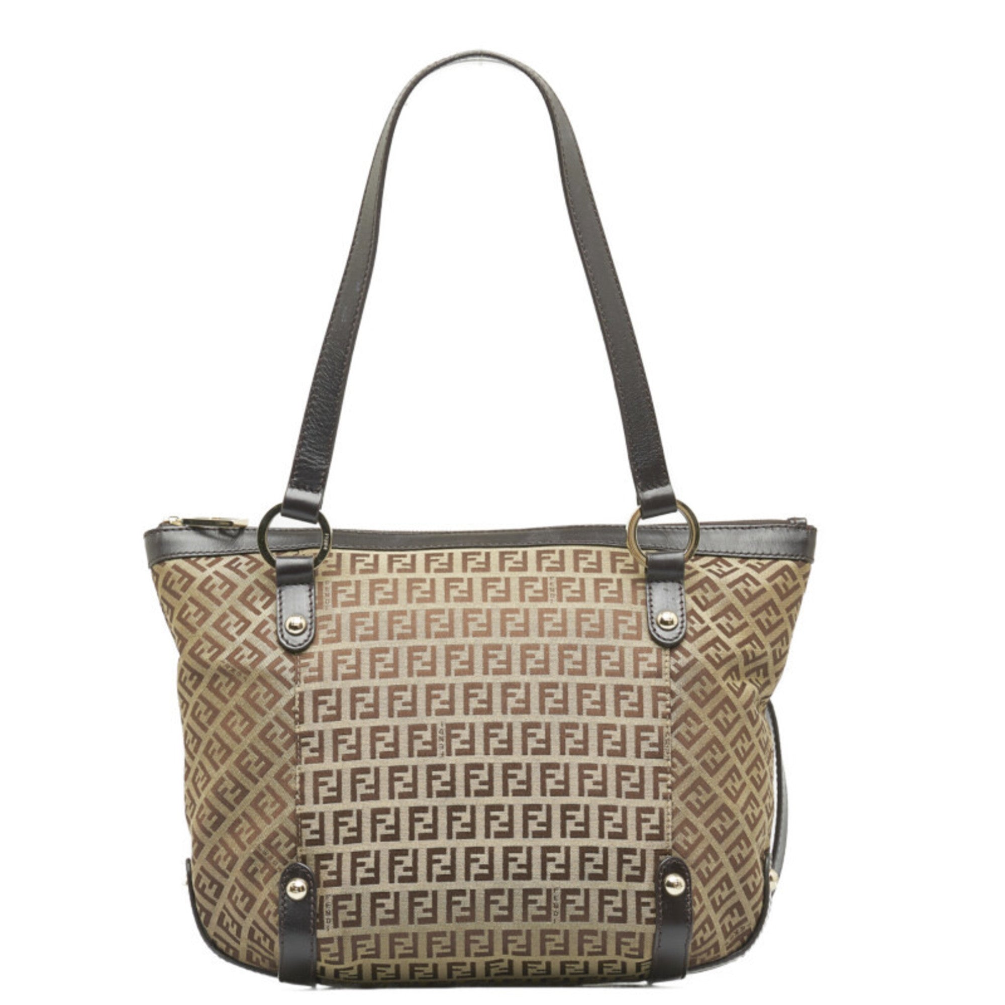 FENDI Zucchino Handbag Tote Bag 8BH196 Beige Brown Canvas Leather Women's