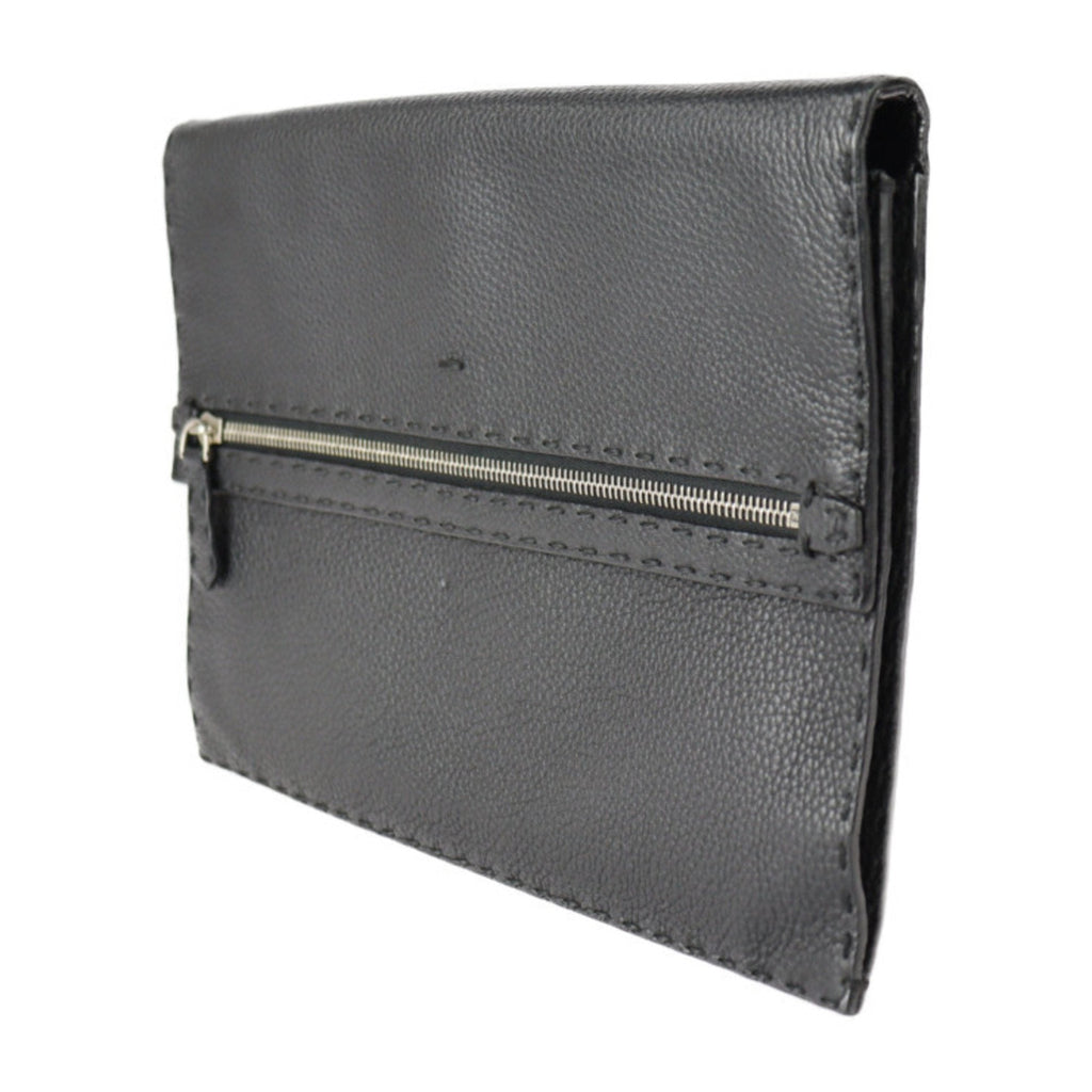 FENDI Selleria Clutch Bag 7VA376 Roman Leather Black Silver Hardware Wristlet Second Pouch