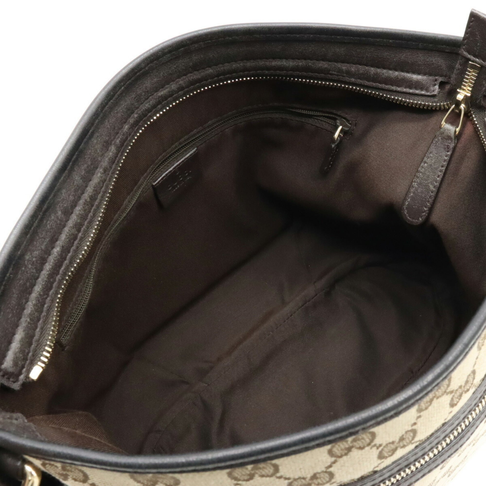 GUCCI GG Canvas Shoulder Bag Leather Khaki Beige Dark Brown 388930