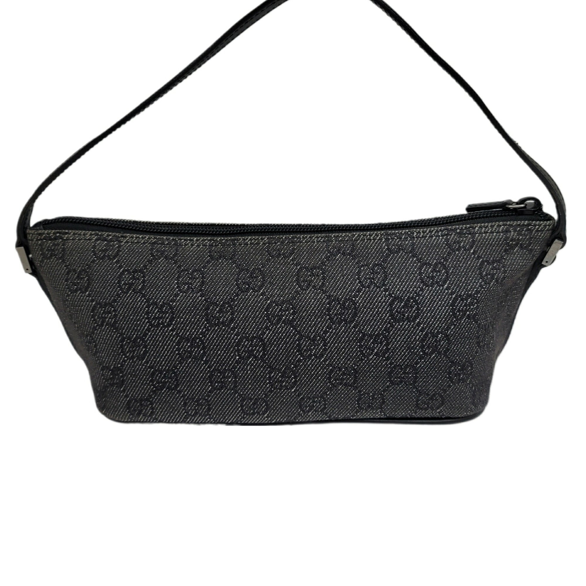 GUCCI 07198 Gray Black Pouch Handbag Back Canvas Leather Women Men Unisex