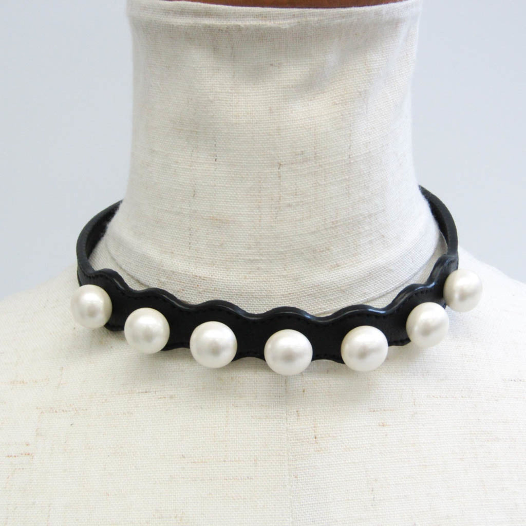 FENDI Faux Pearl Choker Leather,Metal Bangle Black,Gold