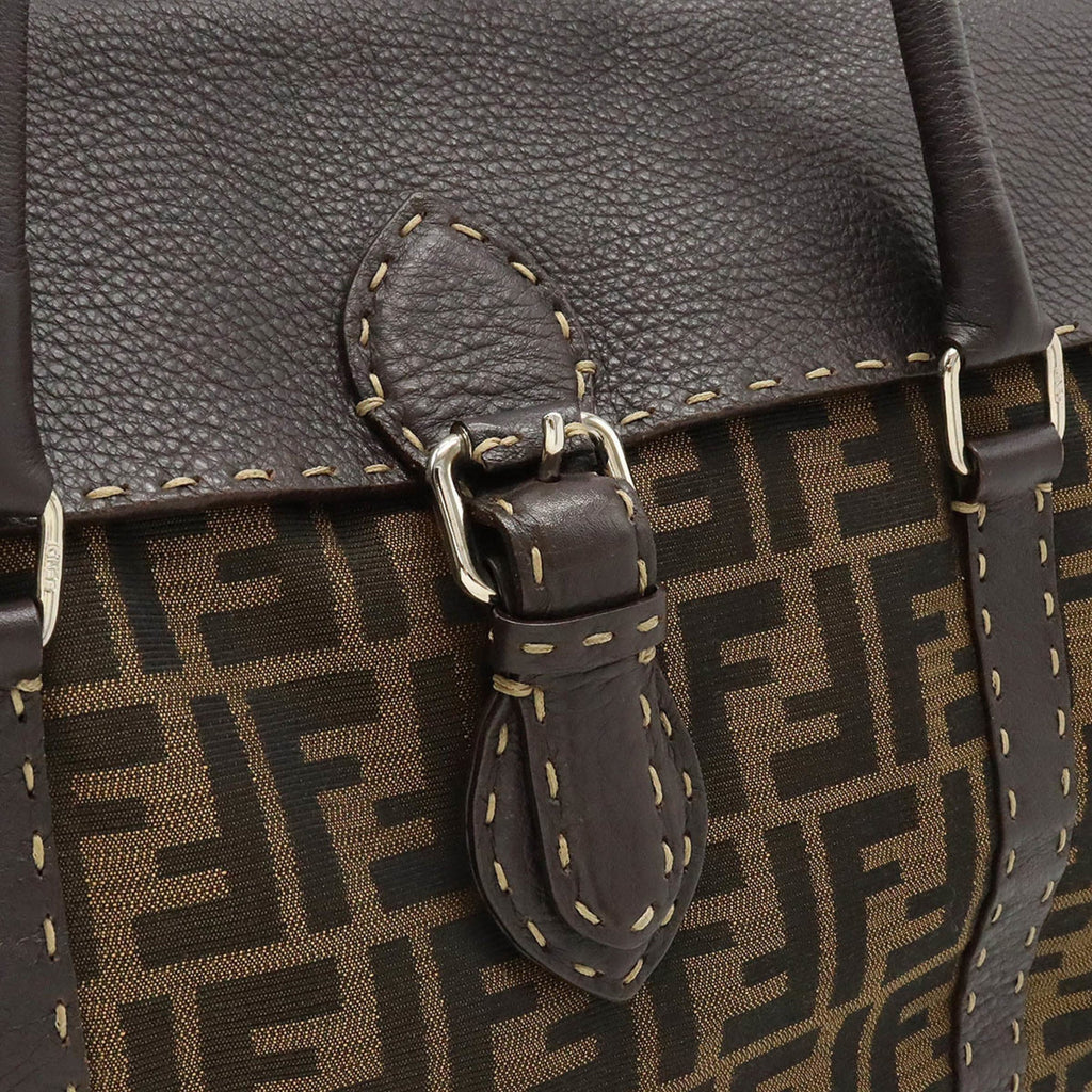 FENDI Zucca Pattern Selleria Linda Bag Handbag Canvas Leather Khaki Brown Dark 8BR449