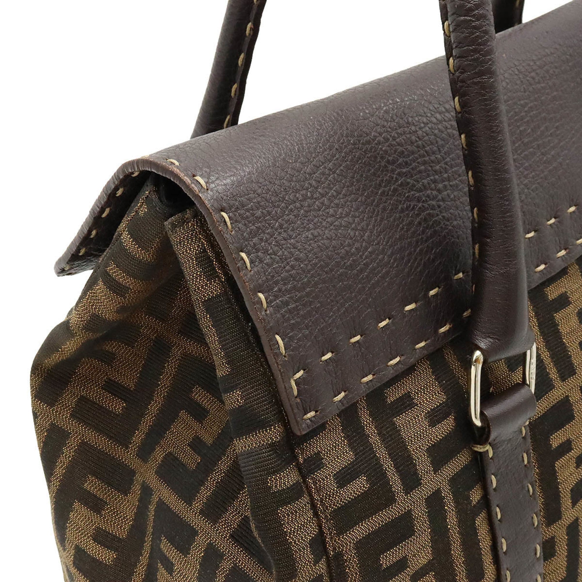 FENDI Zucca Pattern Selleria Linda Bag Handbag Canvas Leather Khaki Brown Dark 8BR449