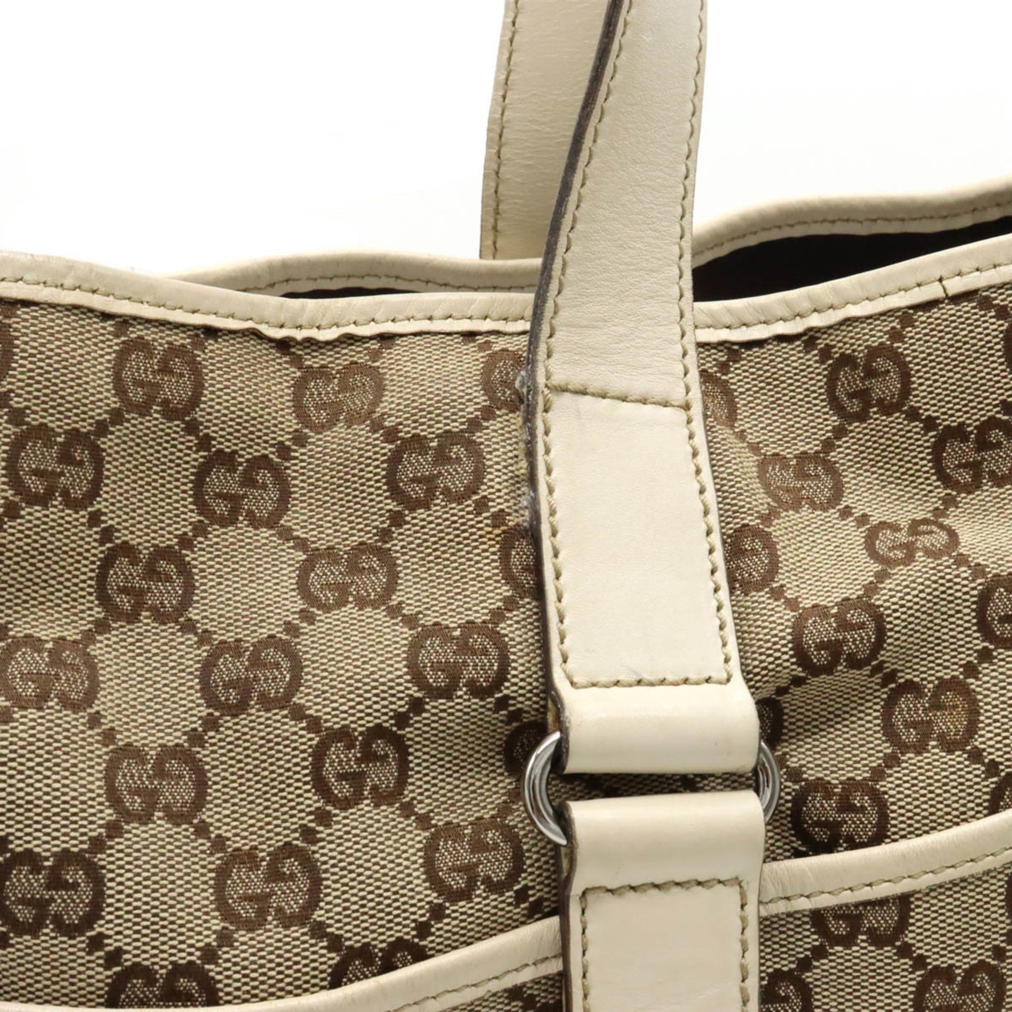 GUCCI GG Canvas Tote Bag Shoulder Leather Khaki Beige 153238