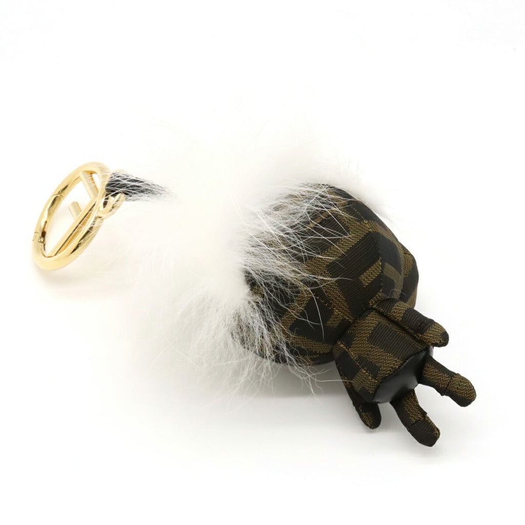 FENDI Zucca Space Monkey Bag Charm Key Holder Nylon Canvas Fur Khaki Dark Brown
