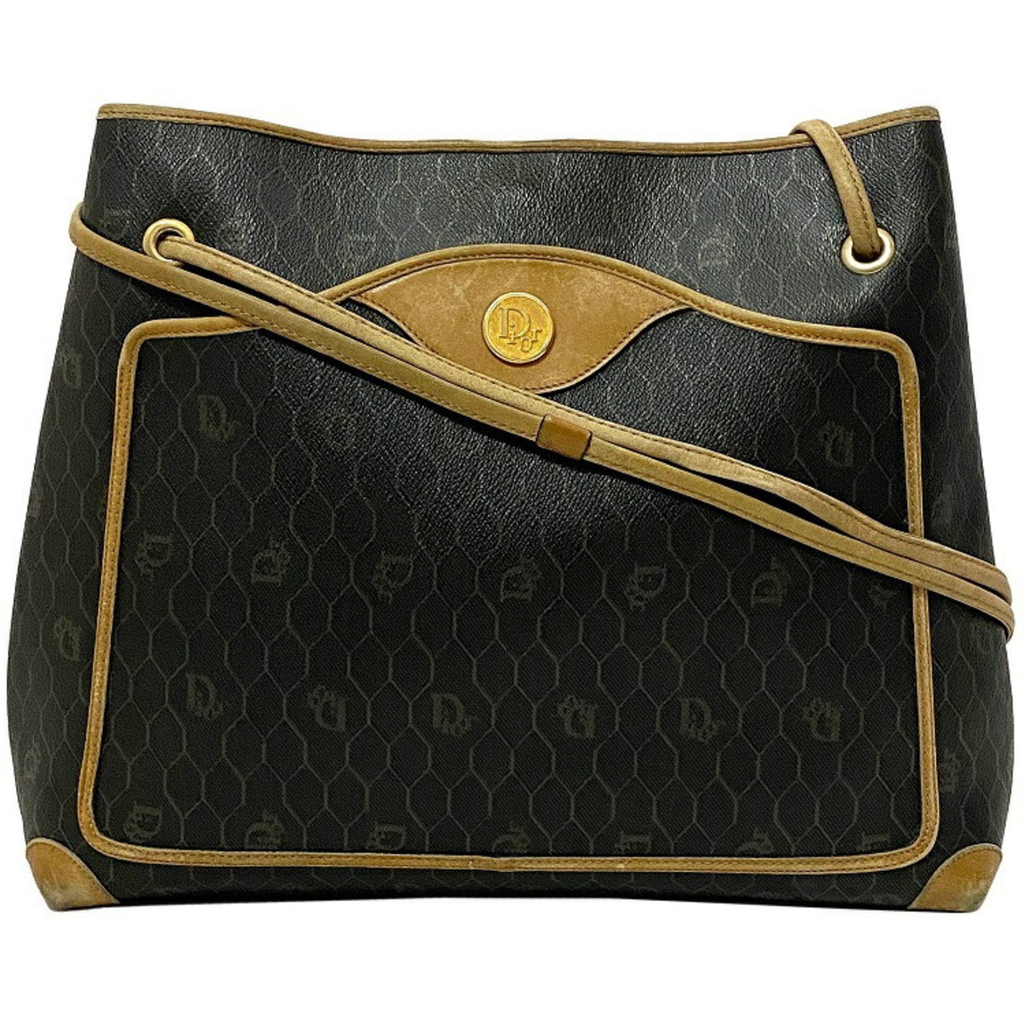 Christian Dior Tote Bag Black Brown Honeycomb Shoulder PVC Leather Ladies