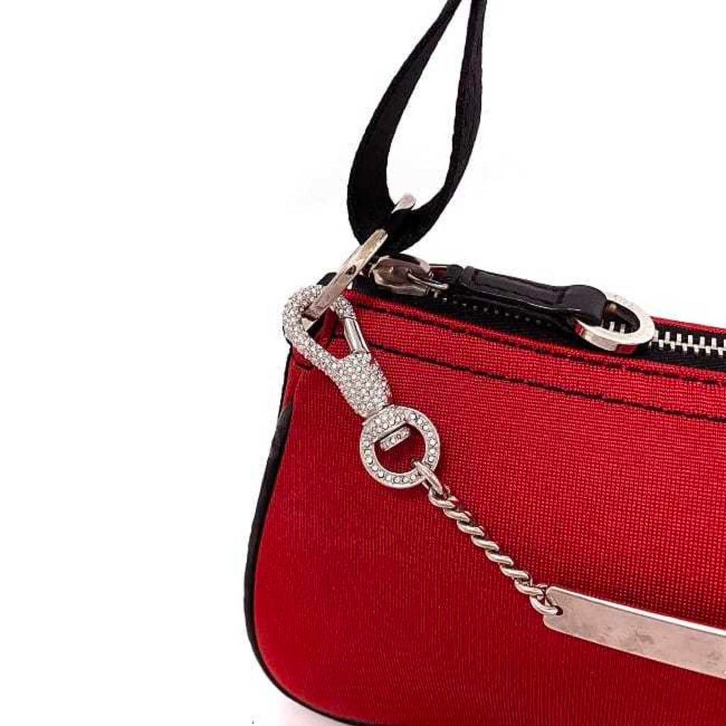 CHRISTIAN DIOR Red Black Silver 01-MA-1003 Rhinestone Satin Canvas Leather Chain