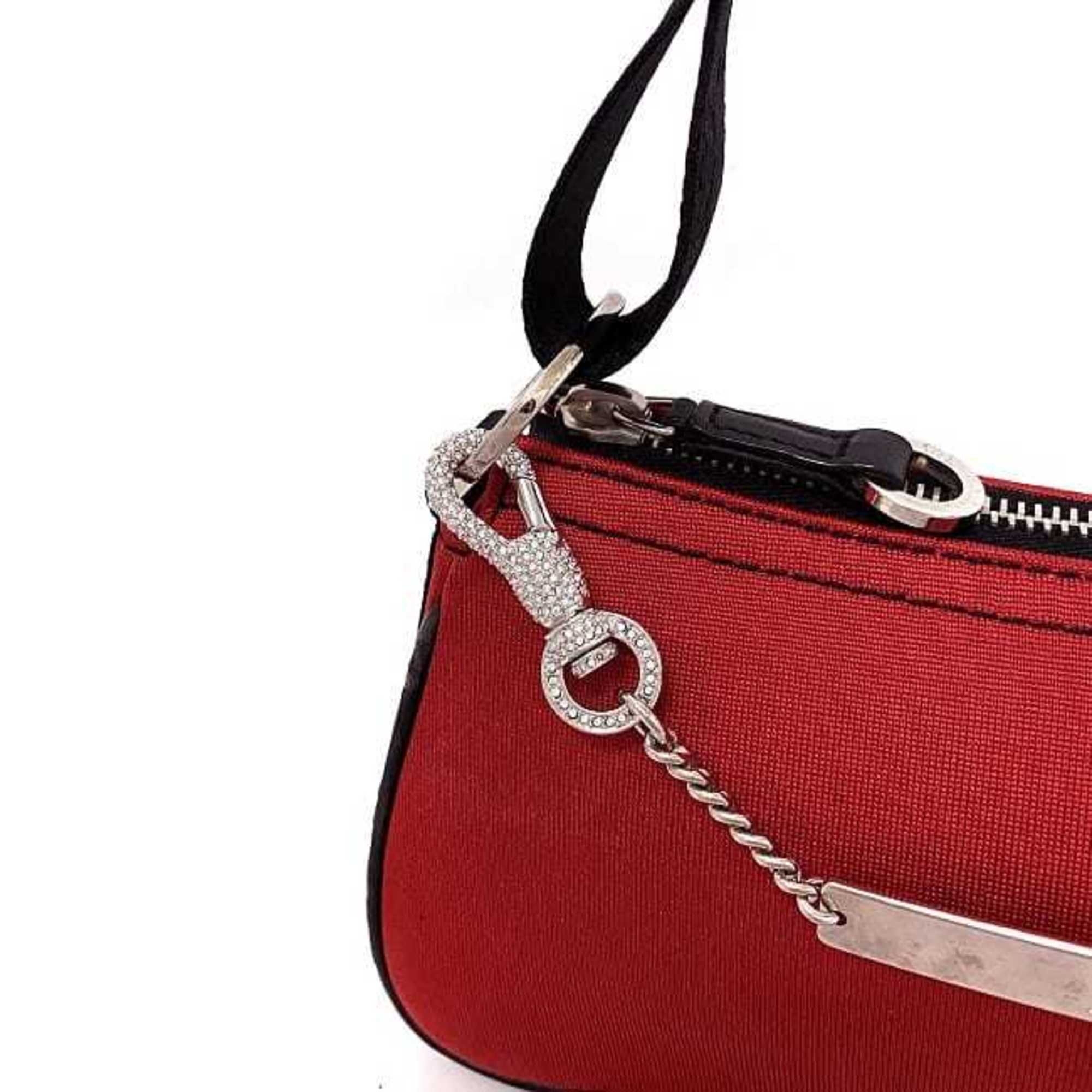 CHRISTIAN DIOR Red Black Silver 01-MA-1003 Rhinestone Satin Canvas Leather Chain