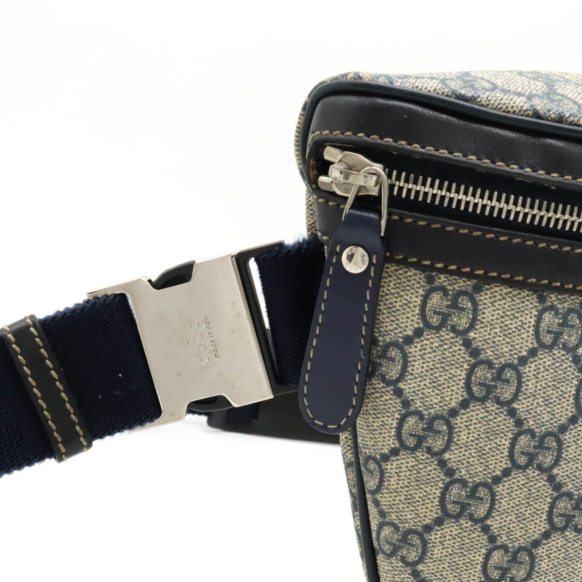 GUCCI GG Plus Supreme Body Bag Hip Waist PVC Leather Beige Navy Dark Blue 211110