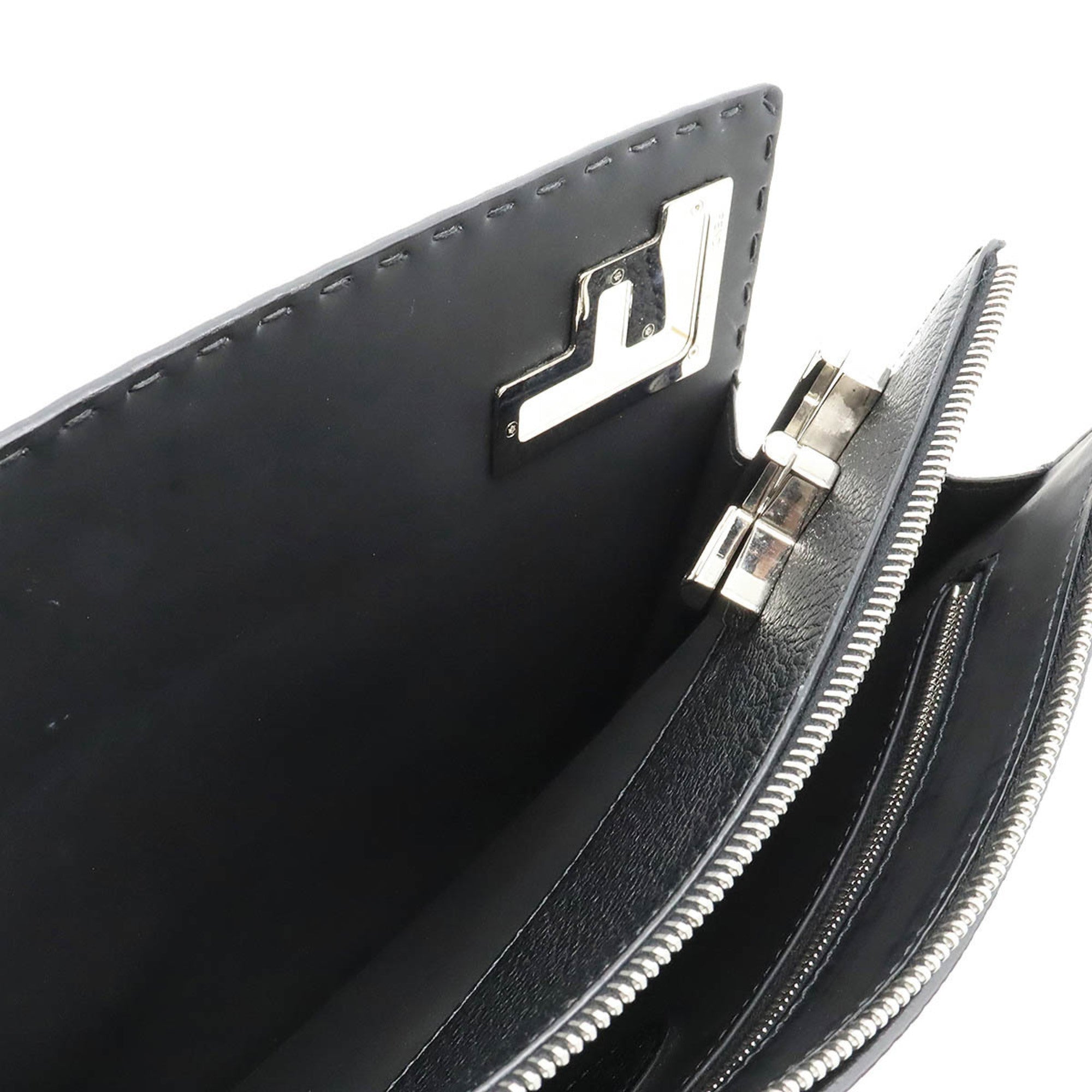 FENDI Selleria Stitch FF Clutch Bag Second Handbag Leather Black 7V99