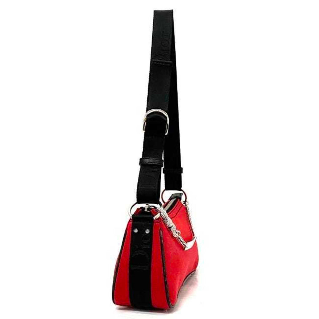 CHRISTIAN DIOR Red Black Silver 01-MA-1003 Rhinestone Satin Canvas Leather Chain