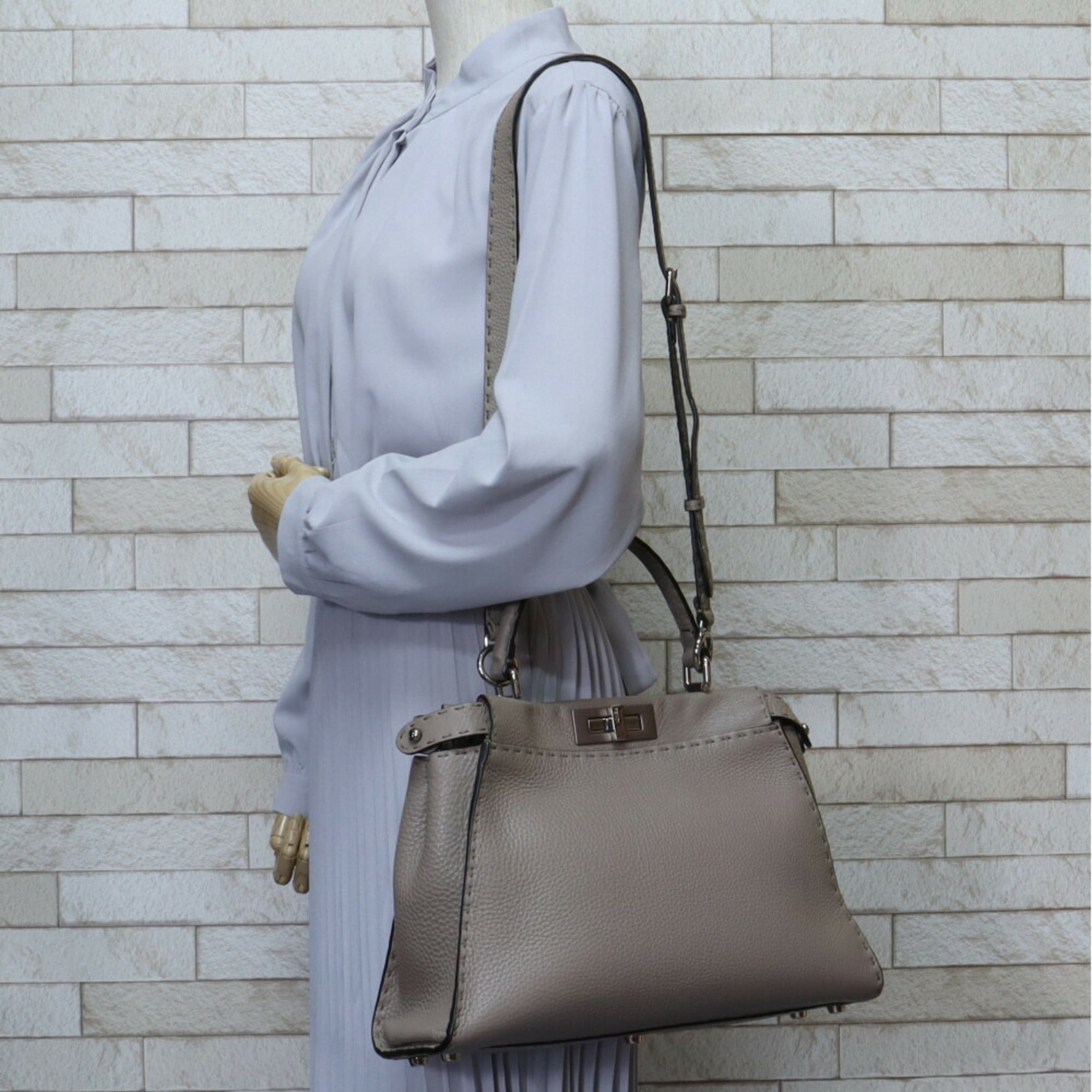 FENDI Peeker Boo Selleria Shoulder Bag Calf Gray Women's