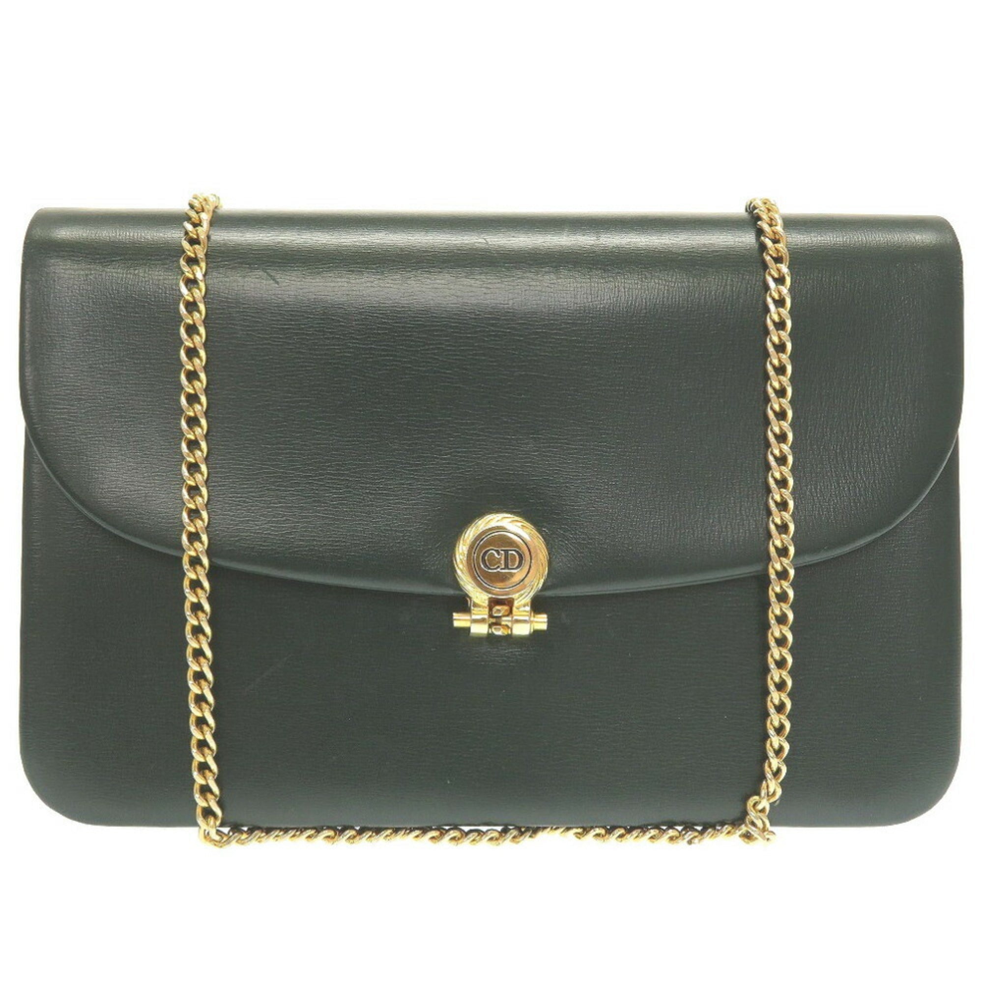 Christian Dior 2way chain CD metal fittings leather green shoulder bag clutch
