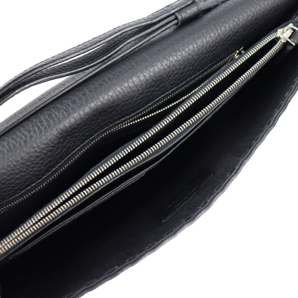 FENDI Selleria Clutch Bag 7VA376 Roman Leather Black Silver Hardware Wristlet Second Pouch