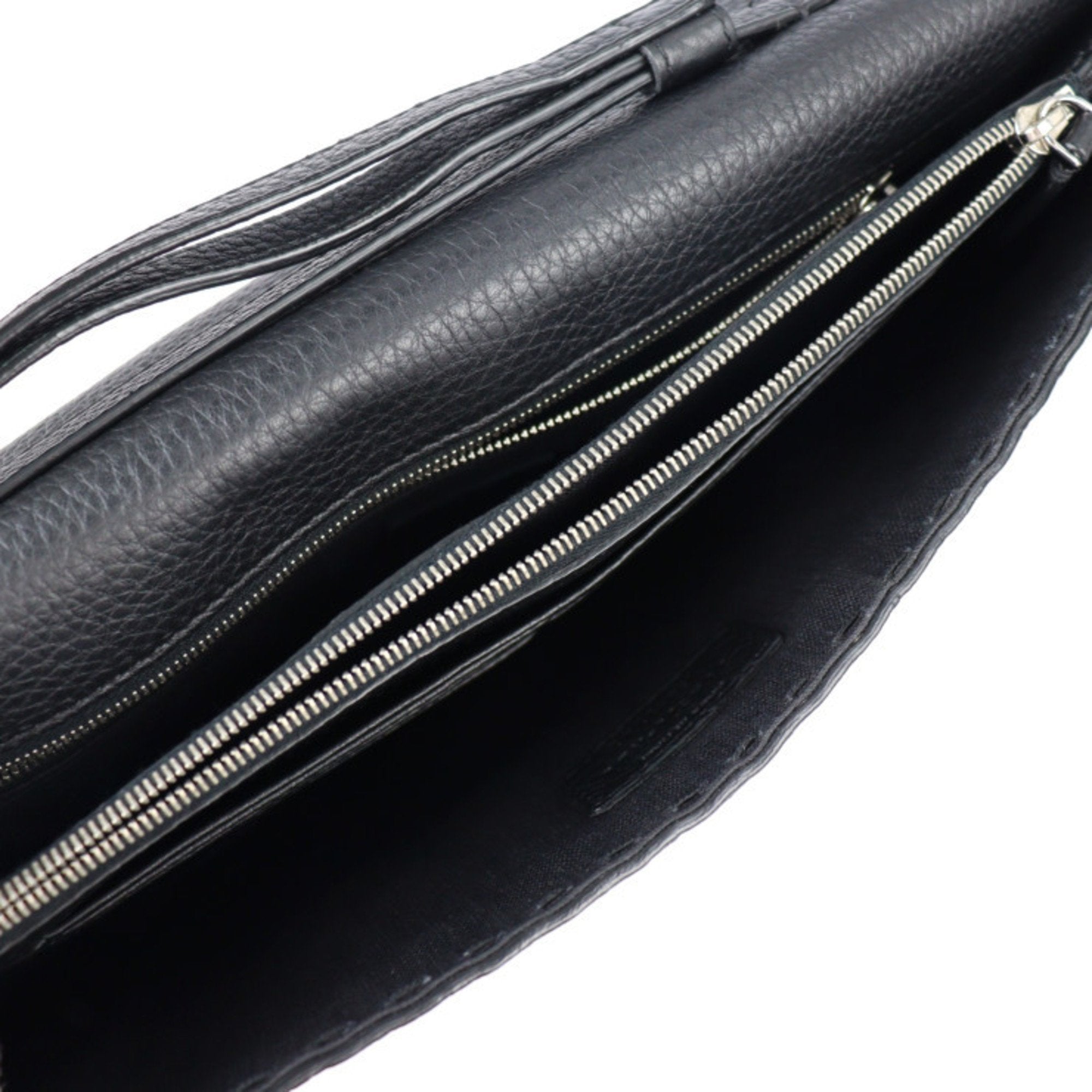 FENDI Selleria Clutch Bag 7VA376 Roman Leather Black Silver Hardware Wristlet Second Pouch