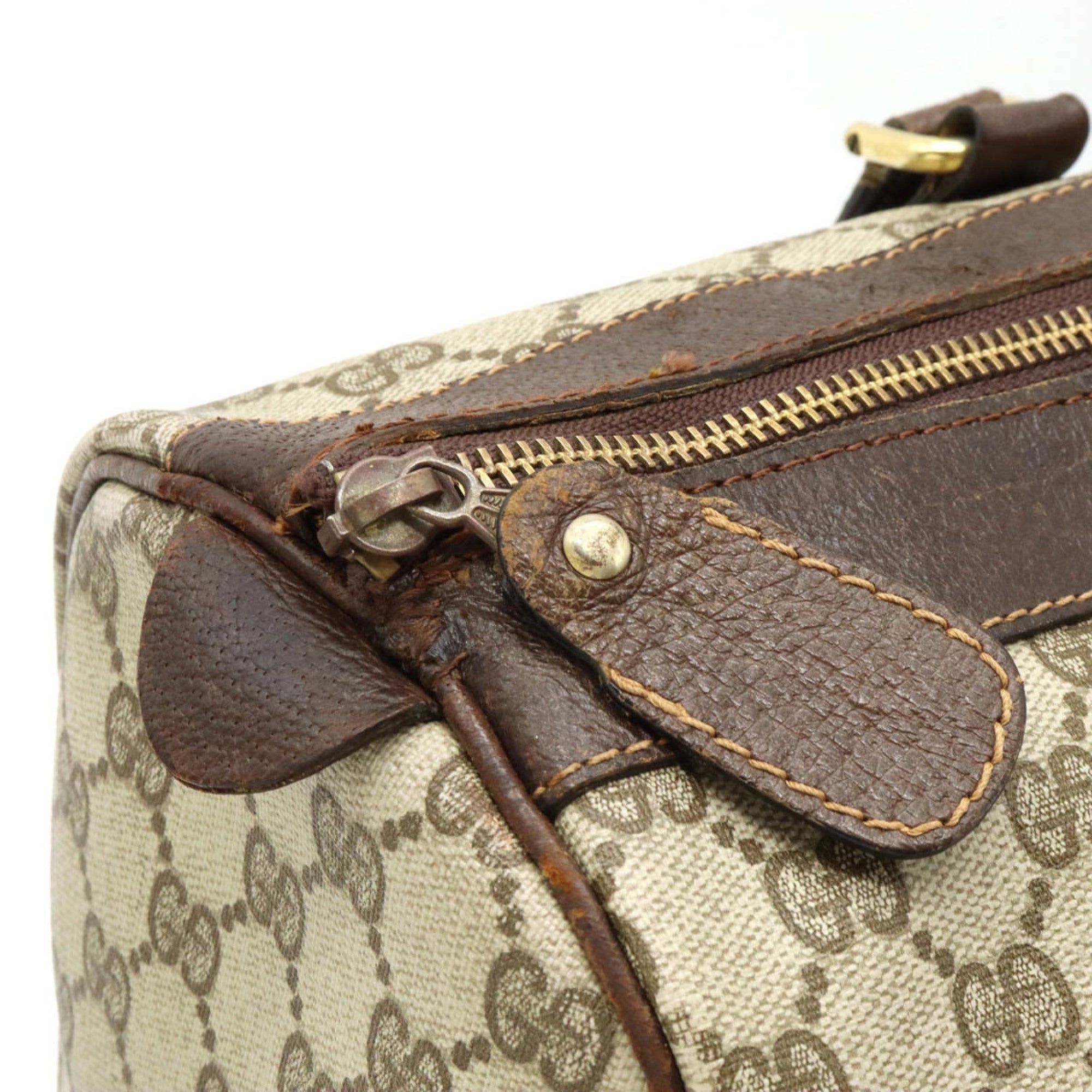 GUCCI Old Sherry Line Handbag Boston Bag Coated Canvas Leather Beige Dark Brown