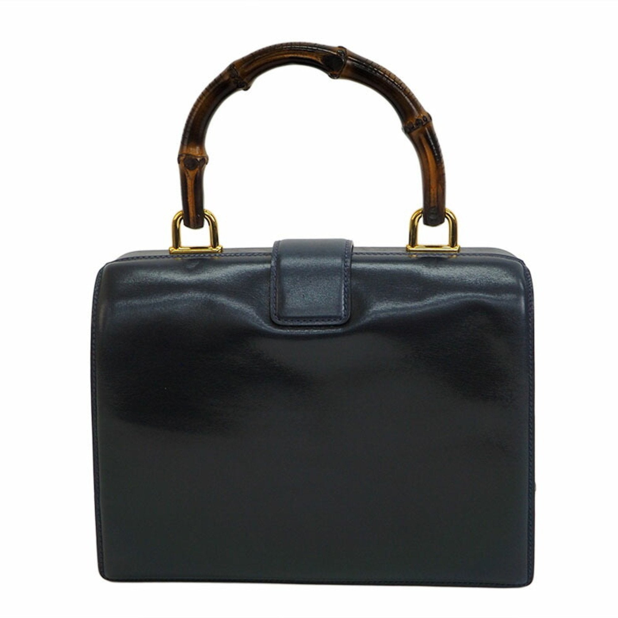 Gucci Old Bamboo Handbag Gold Crest Navy Leather Women's