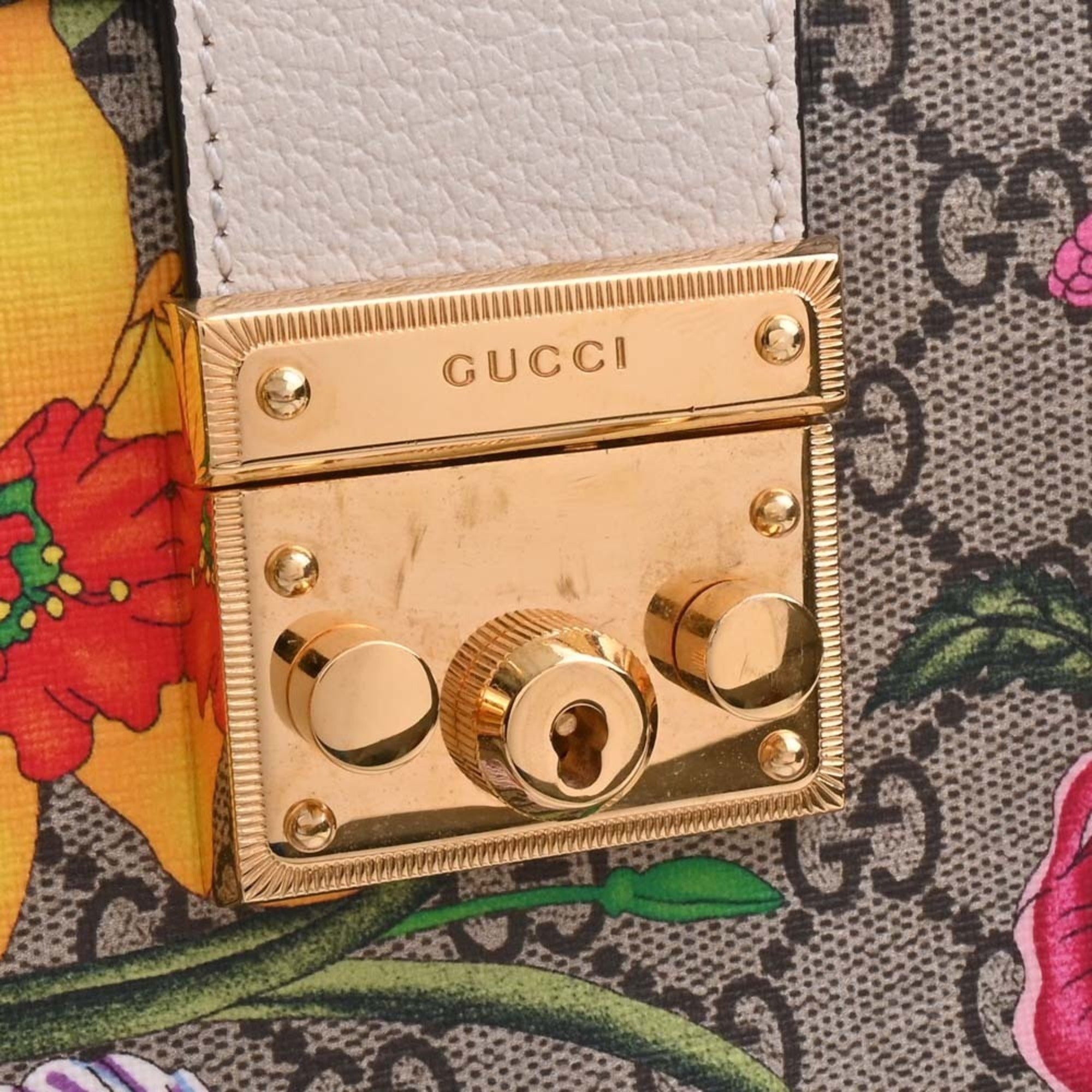 GUCCI GG Supreme Flora Padlock Small Chain Shoulder Bag 498156 Beige/White Women's