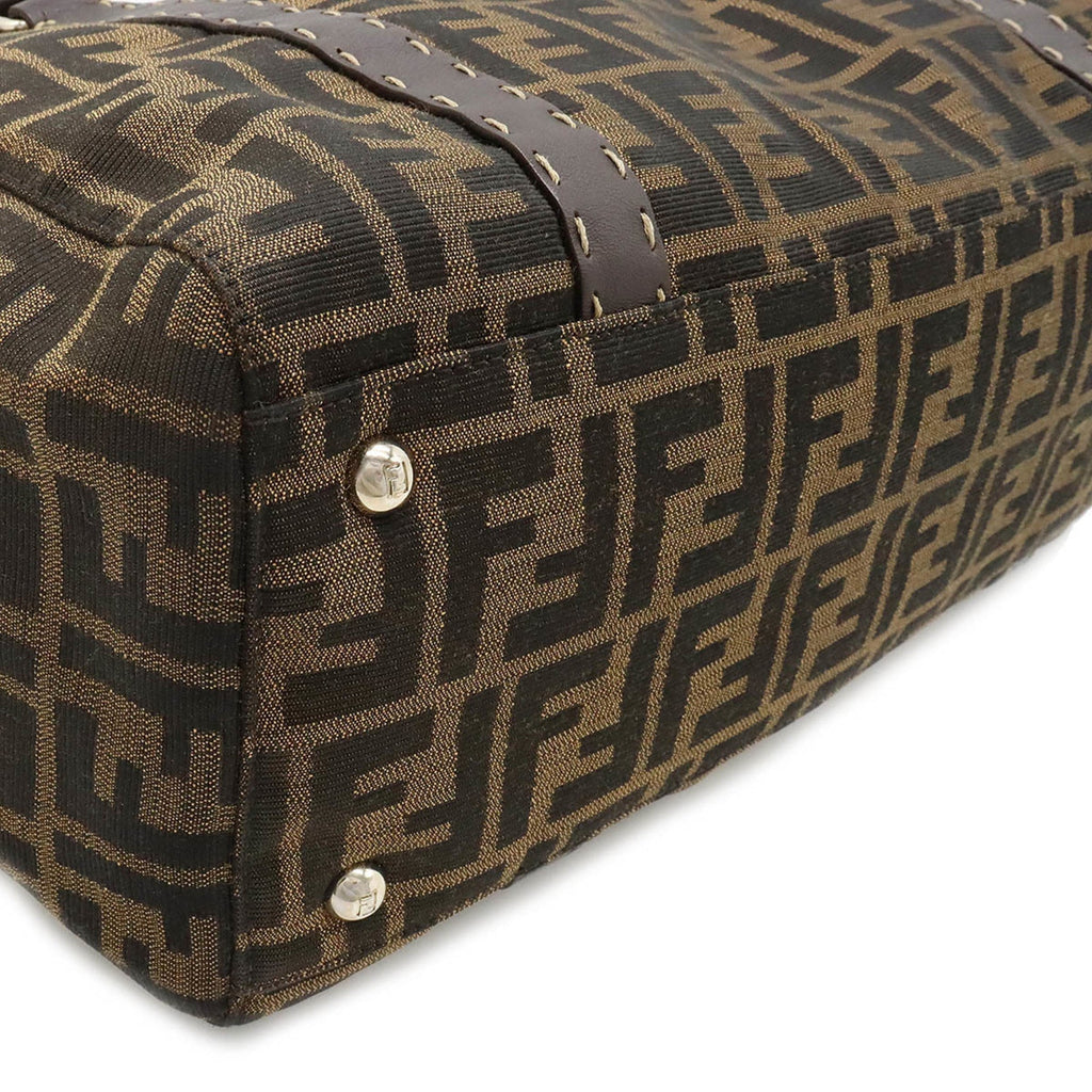 FENDI Zucca Pattern Selleria Linda Bag Handbag Canvas Leather Khaki Brown Dark 8BR449