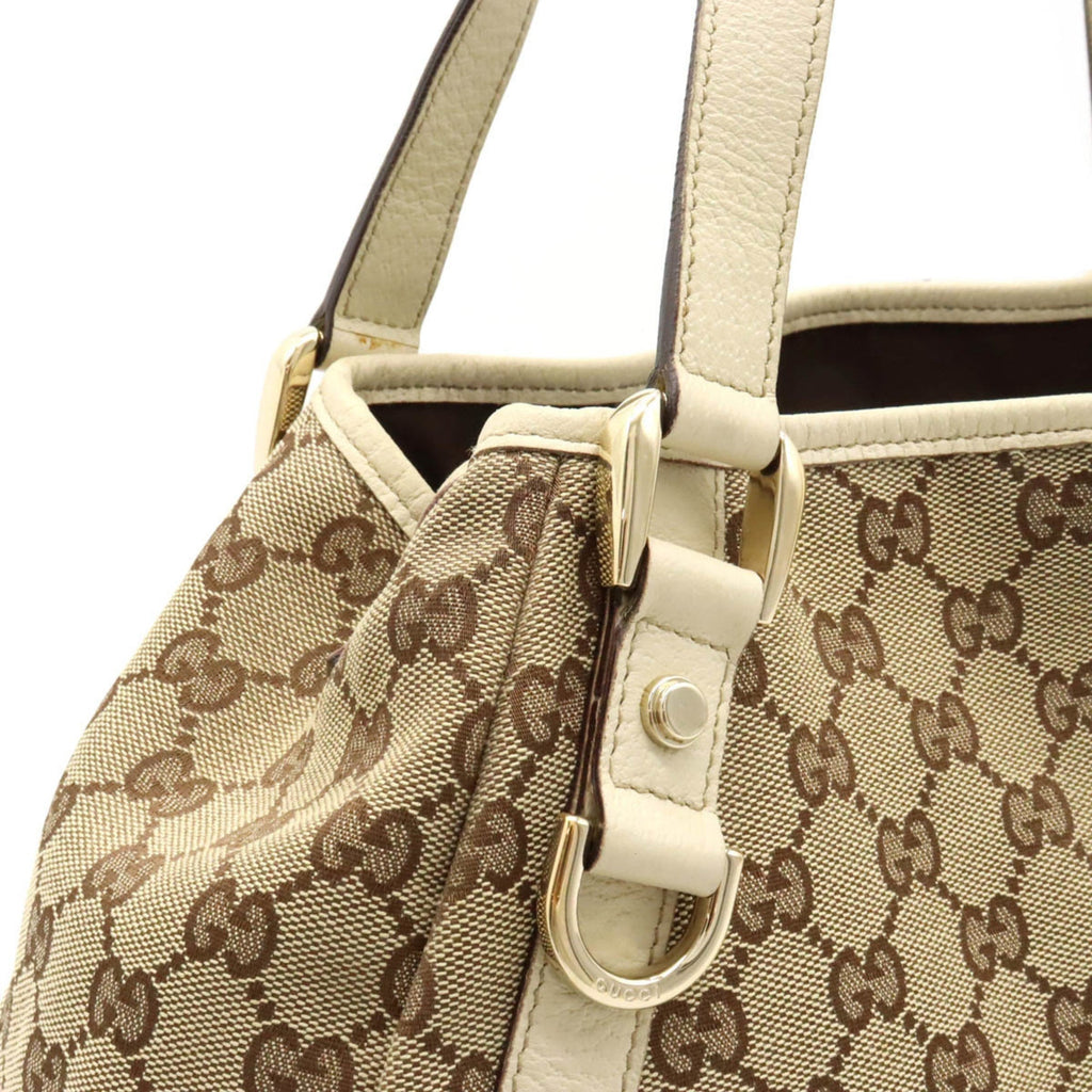 GUCCI GG Canvas Tote Bag Shoulder Leather Khaki Beige Light 130736