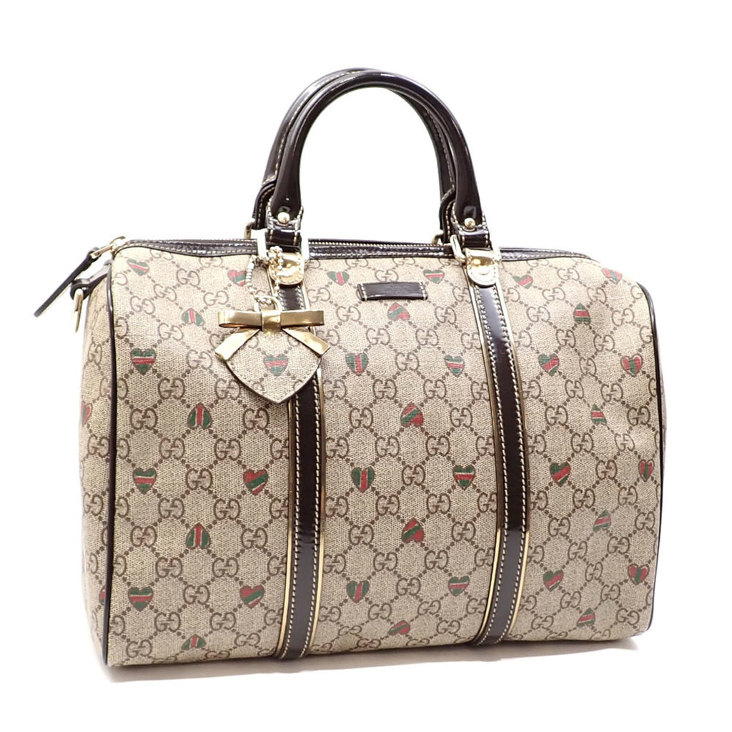 GUCCI Boston Bag GG Supreme Women's Beige Brown PVC Patent Leather 193603 Hand Plus