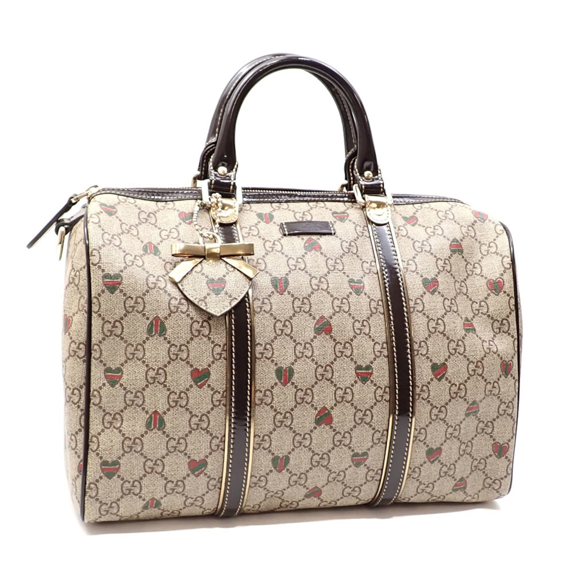 GUCCI Boston Bag GG Supreme Women's Beige Brown PVC Patent Leather 193603 Hand Plus