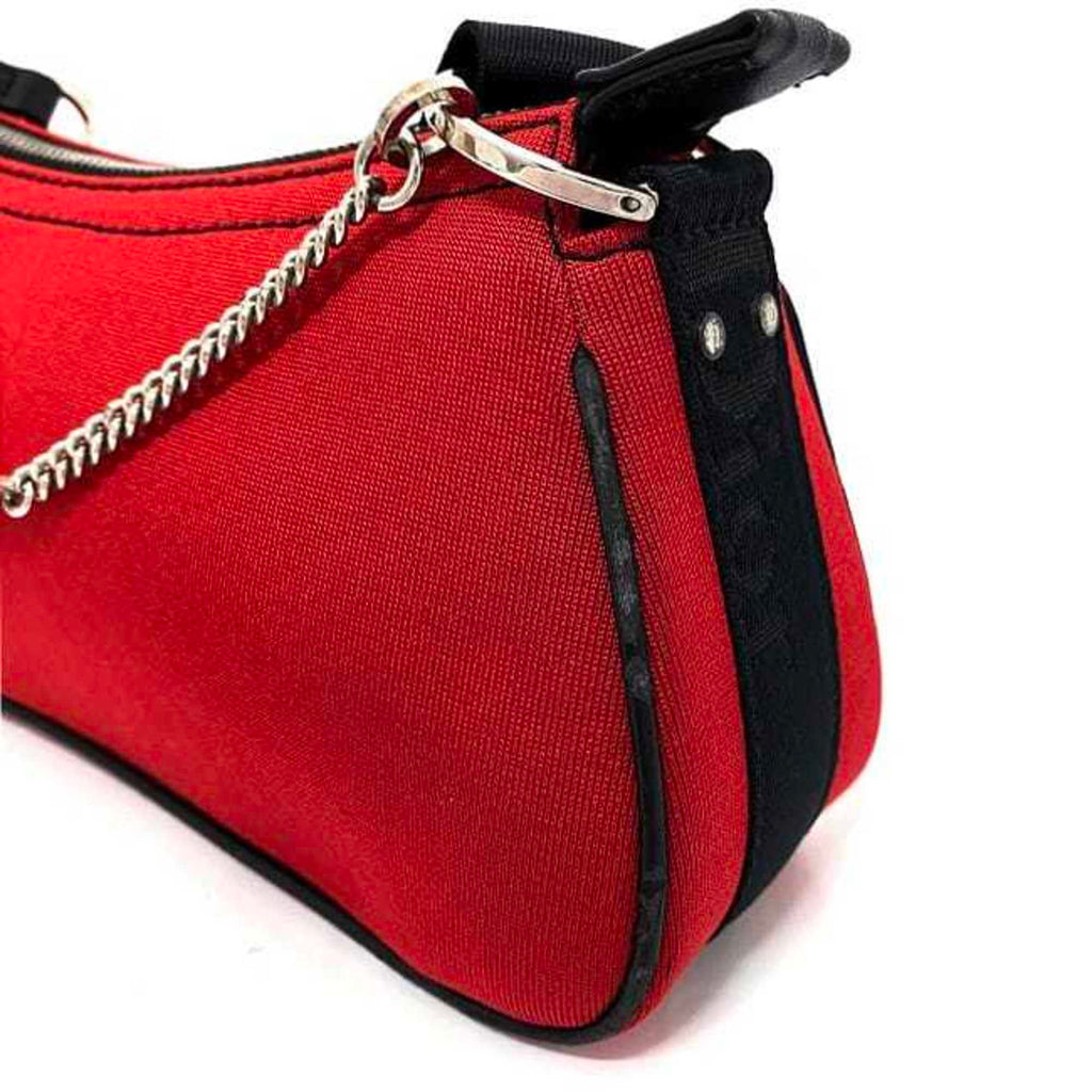 CHRISTIAN DIOR Red Black Silver 01-MA-1003 Rhinestone Satin Canvas Leather Chain