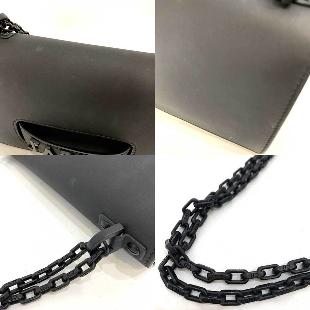 CHRISTIAN DIOR Bag JA DIOR Chain Shoulder Dark Gray Black Women's Leather ChristianDior