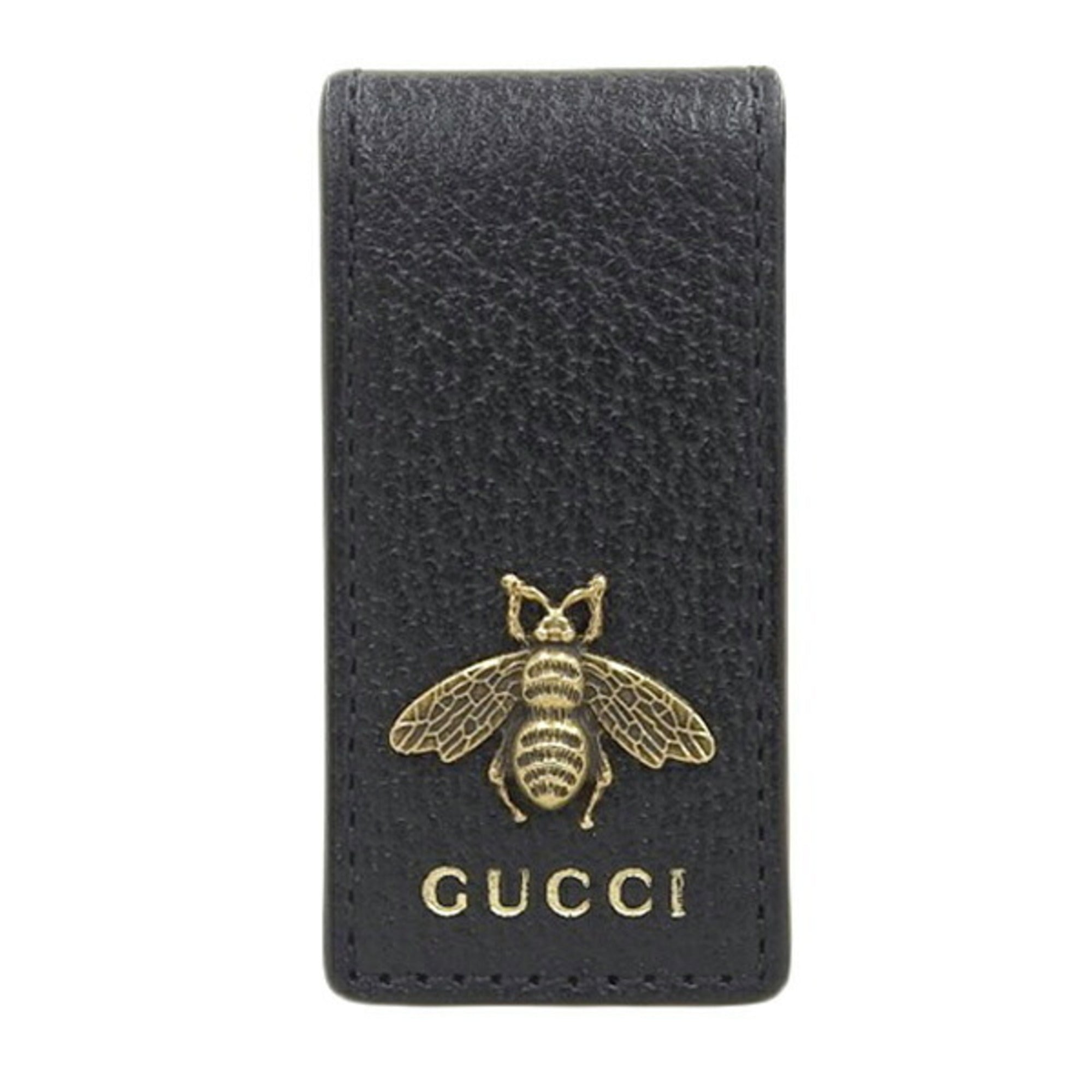 GUCCI Leather Bee Money Clip Black Men's