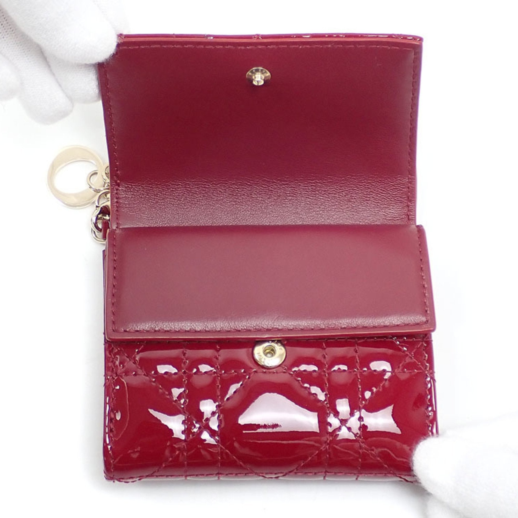 CHRISTIAN DIOR Tri-fold Wallet Cannage LADY DIOR Lotus Women's Cherry Red Patent Calf Leather S0181OVRB_M323