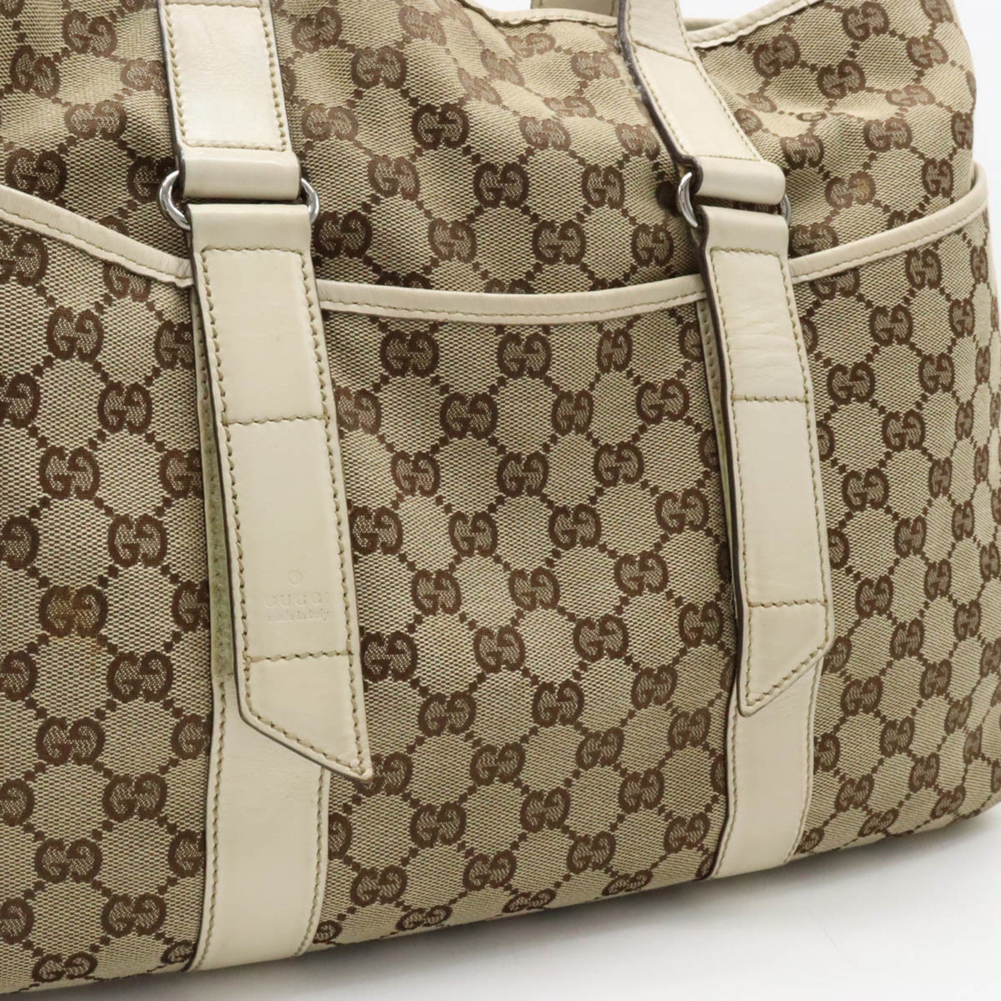 GUCCI GG Canvas Tote Bag Shoulder Leather Khaki Beige 153238