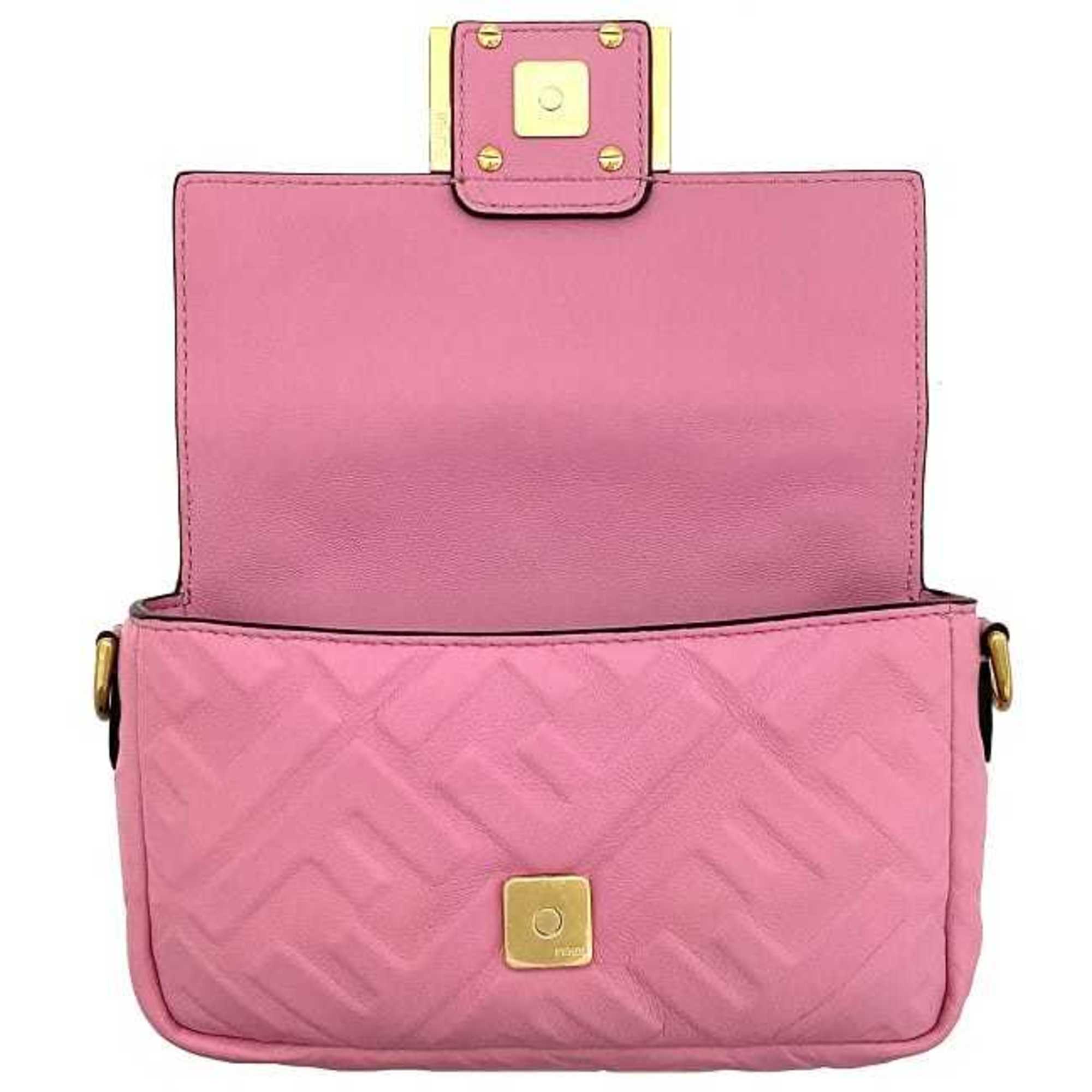 FENDI Baguette Small Pink Gold 8BS017 Leather GP  Shoulder Bag FF Embossed Ladies Chain
