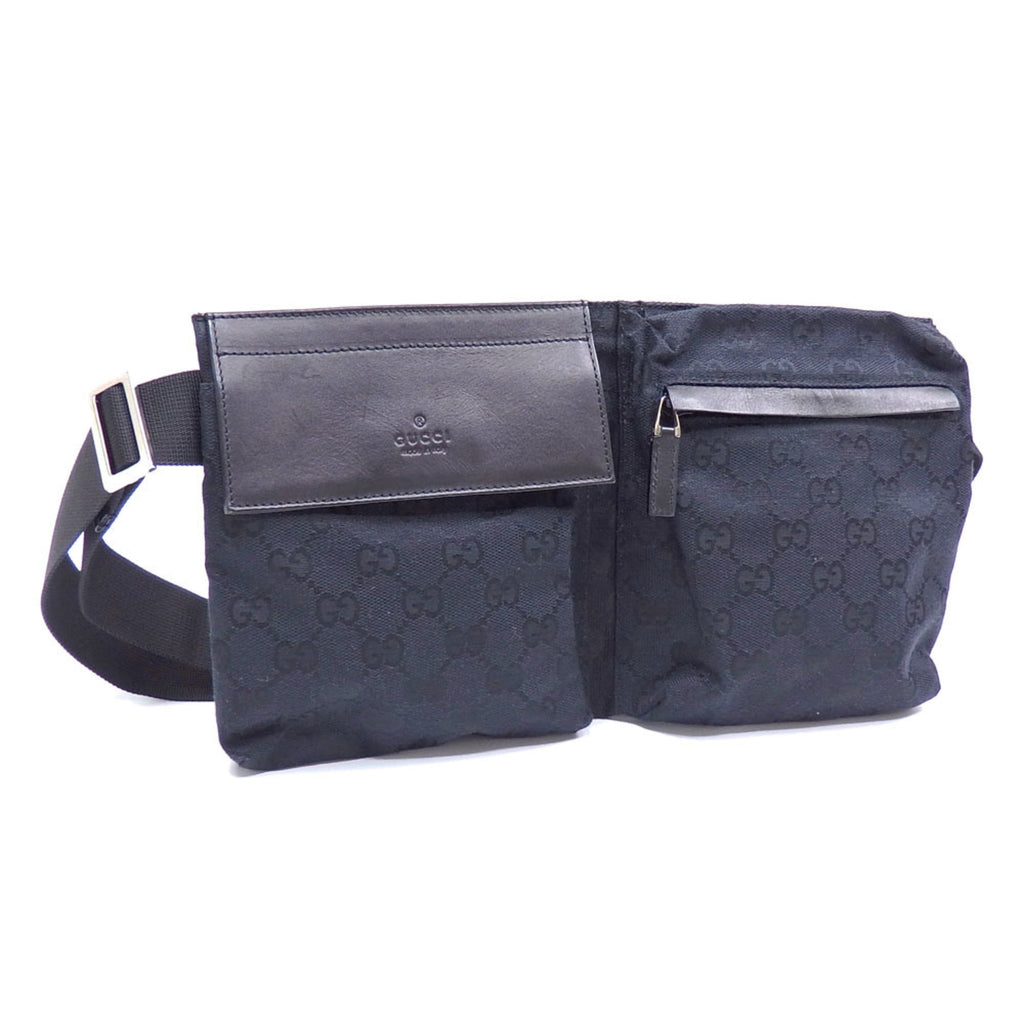 GUCCI Body Bag Black GG Canvas Leather 28556 Waist Pouch Women's Men's