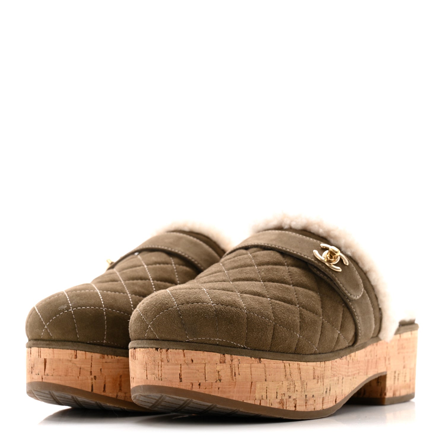 Chanel Suede Calfskin Shearling Turn Lock Clogs 38 Green