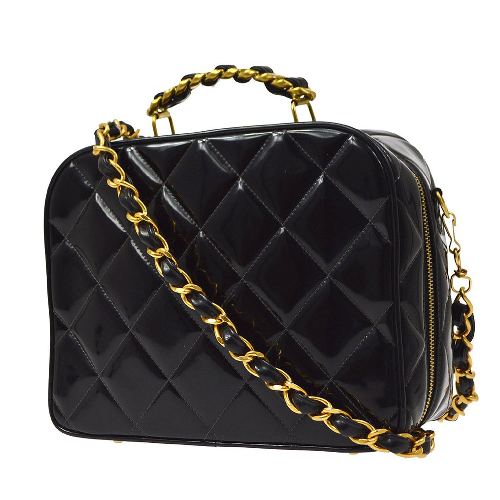 CHANEL 1994-1996 Black Patent Leather Quilted 2way Bag Medium